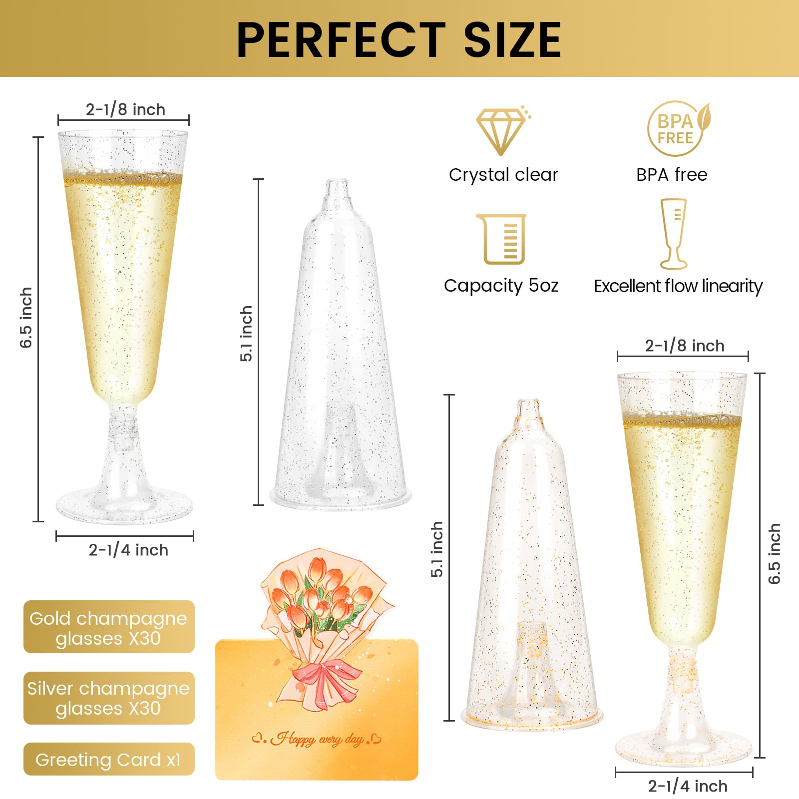 UCAMP 60 Flute da Champagne,Bicchieri Vino150ml,Trasparenti,Resistenti e Riutilizzabili,Bicchieri da Champagne con Glitter Dorati e argento,Eleganti Calici per Feste,Compleanni,Matrimoni