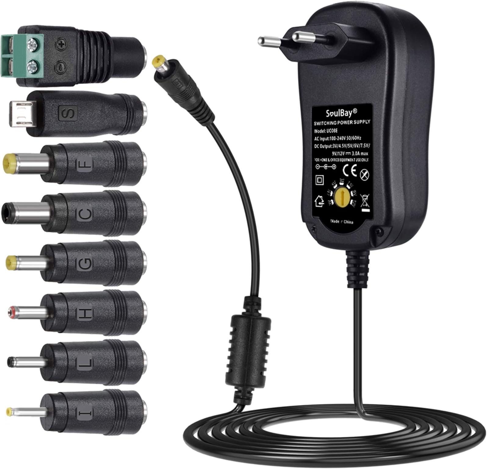 SoulBay , SoulBay 3V-12V 36 Watt Universal AC, DC Adapter Switching Power Charger with 8 Different Adapters Plug for Household Electronics - 3000mA max