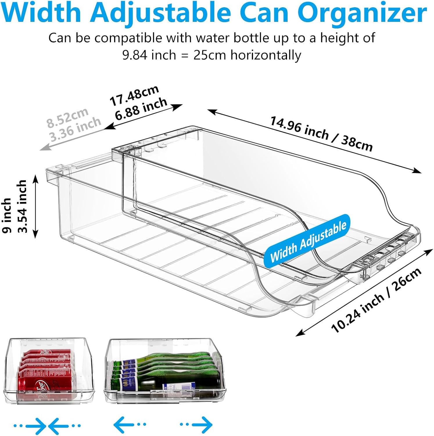 Clear, Width-Adjustable Can Organizer for Refrigerators