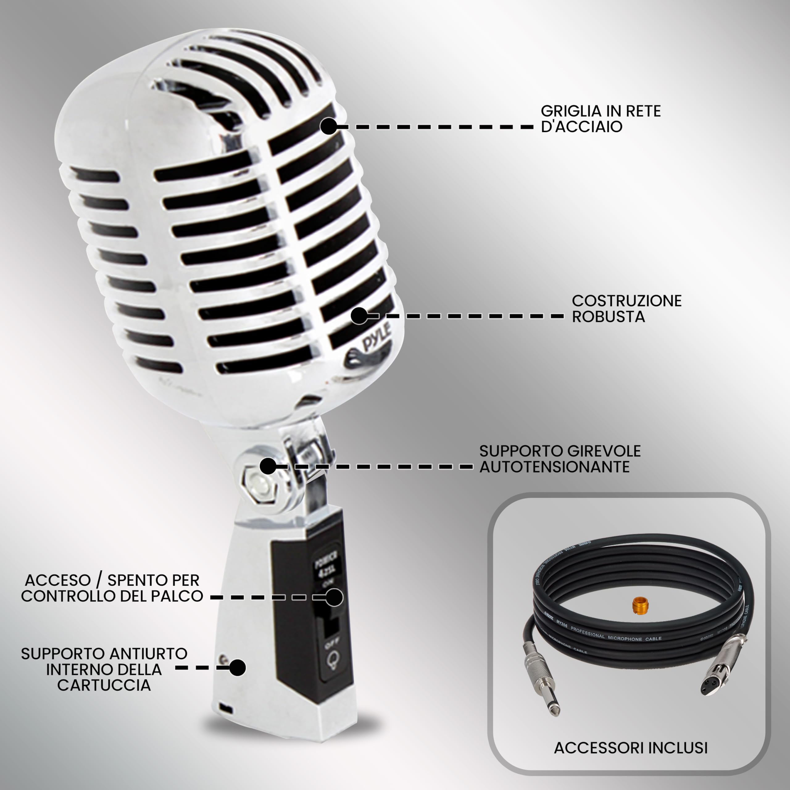 Pyle Microfono Dinamico Retro Classico, Microfono Cardioide Vintage con Cavo XLR, Compatibile con Supporto Universale, per Performance Live