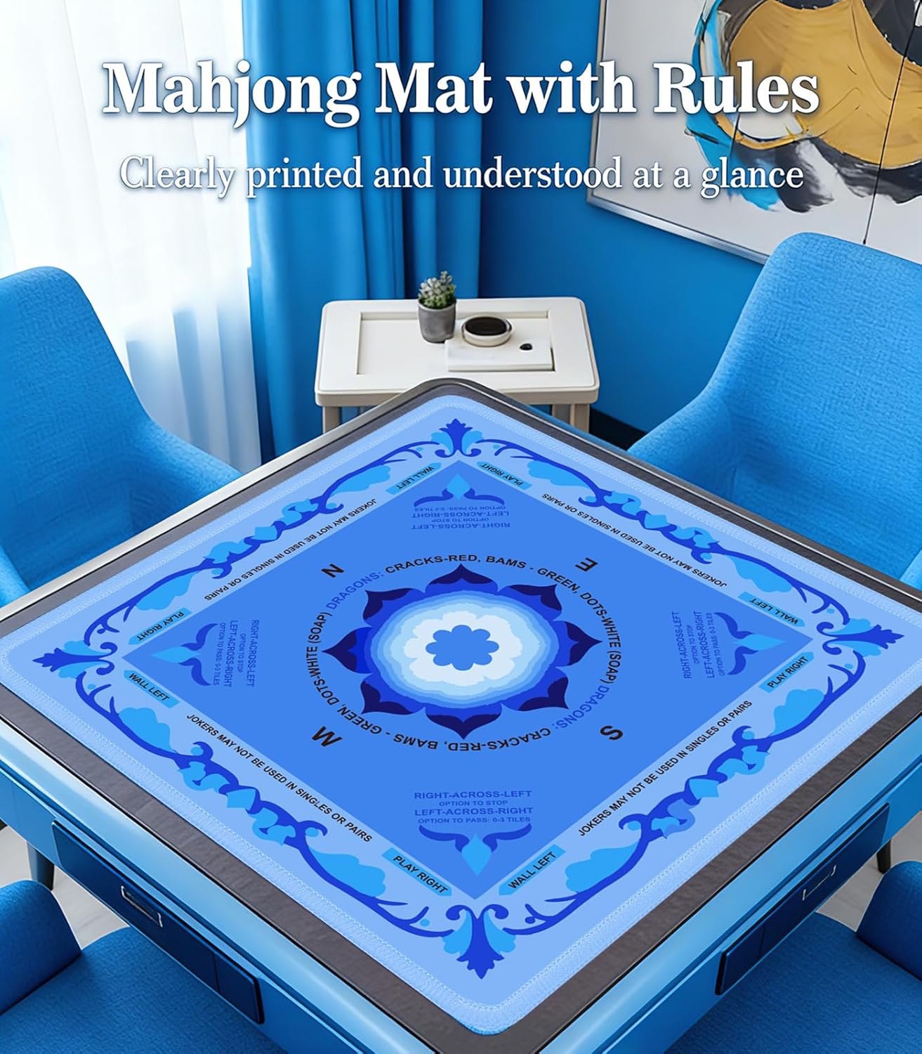 Mahjong Mat for Table, 33x33 Inch Neoprene Mahjong Mat with Rules, Non-Slip Noise Reduction Mah Jongg Mat with Carrying Bag and 3 Dice for Card, Board, Poker, Tile Games, Dominoes (Blue)