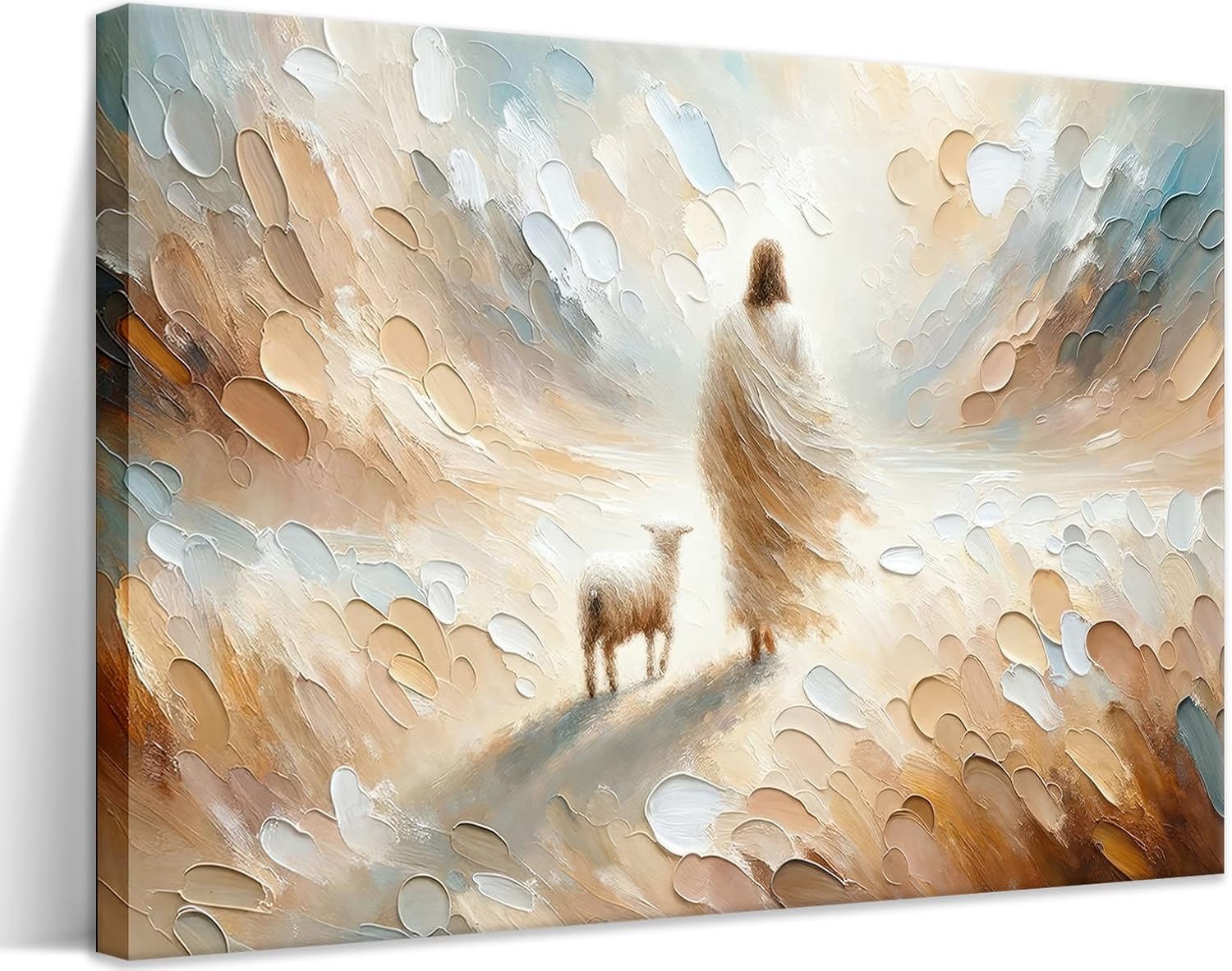 Jesus Leaves the 99 Sheep Canvas Wall Art, Christian Jesus Lamb Wall Decor Painting, The Lost Sheep Bible of Parable Posters Prints for Living & Prayer Room Church Home Decor 24x36 In Framed Yellow Art Wrapped Canvas 36"L x 24"W