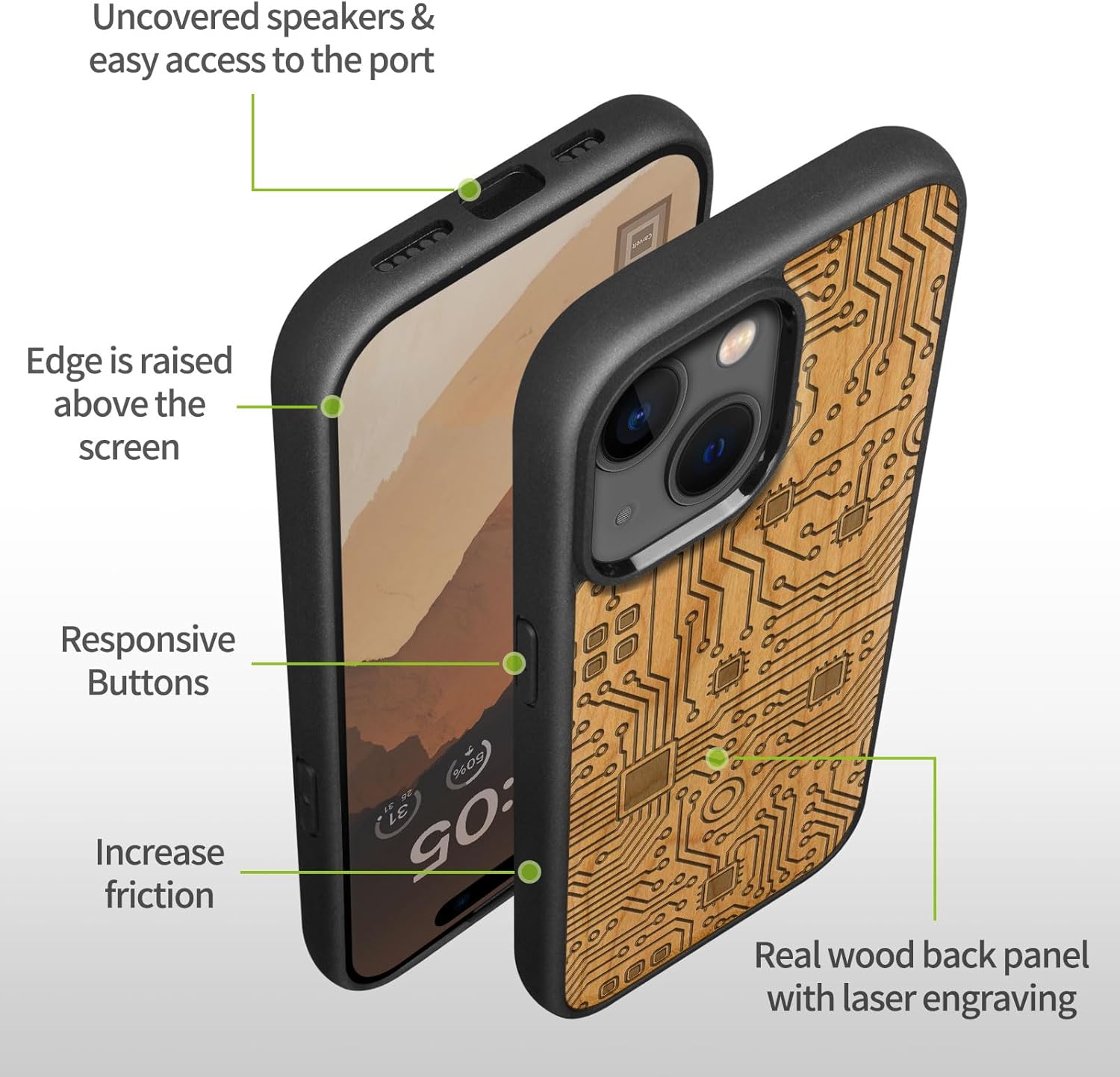 Carveit Magnetic Wooden Case for iPhone 15 Case, Compatible with MagSafe Wireless Chargers, Black Soft TPU Shockproof Cover & Wood Artisan Engraved (Motherboard) - Cherry