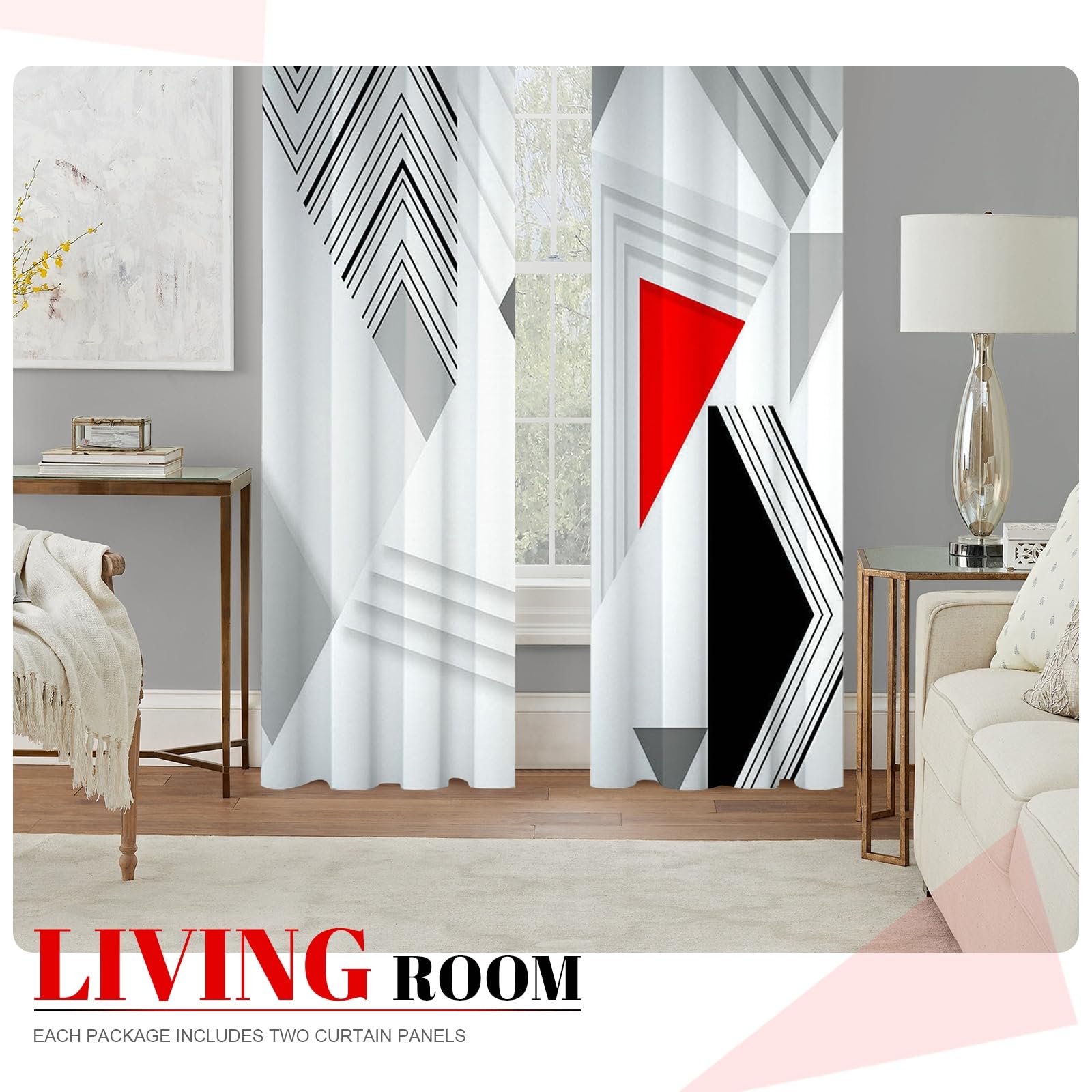 Daesar Poliestrowa zasłona 137 x 183 cm, obróbka okienna do salonu, geometryczny wzór 3D, termiczne, zasłony zaciemniające, szaro-białe, czerwone, czarne zasłony do sypialni, 2 panele