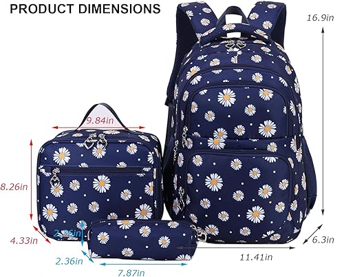 Miniatura 9 de goldwheat Mochilas impresas margaritas con paquete de almuerzo, estuche de lápices 3pcs, bolsa ligera resistente al agua para la escuela secundaria