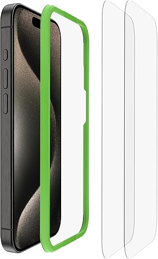 Belkin Tempered Glass Screen Protector Guard for iPhone 15 Pro with Easy Installation Frame – 2 Pack