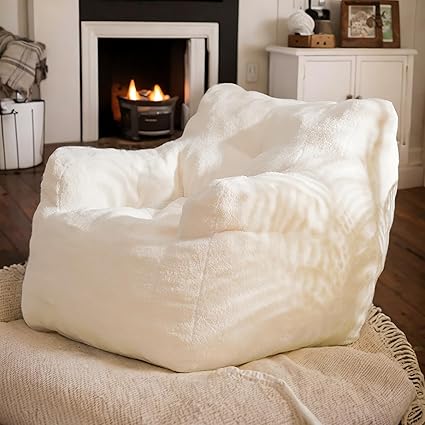 Moon Pod Bean Bag Chairs for Adults,Moonpod Chair,Soft Tufted Foam Chair with Teddy Fabric,Ergonomic Backrest,Pod Lunar,Vaina Lunar (Ivory)