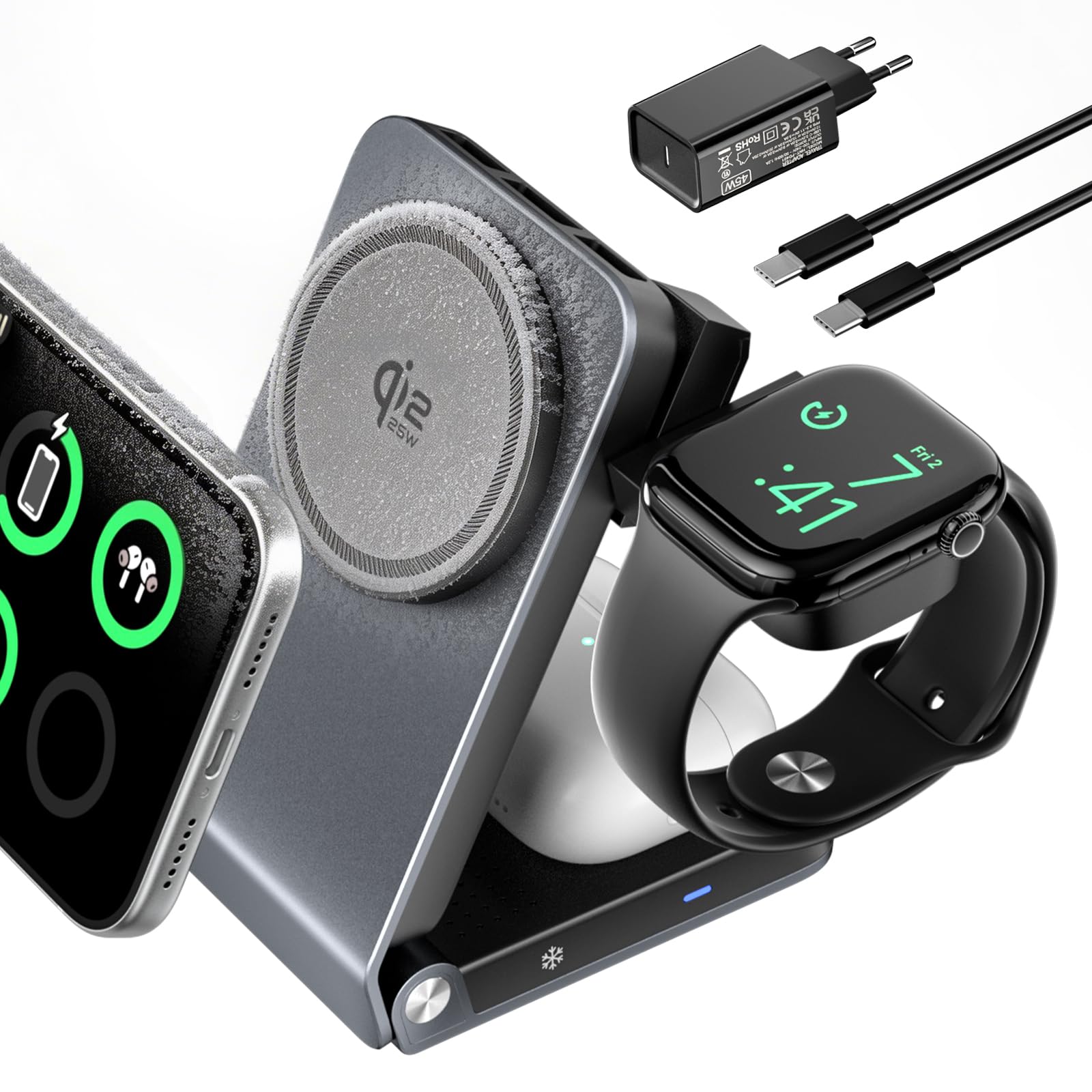 CloudValley 3 in 1 Stazione di Ricarica per iPhone AirPods e Apple Watch, Qi 2.2 25 W Ricarica Wireless Rapida, Dissipazione Attiva del Calore, Robusto e Durevole, Compatibile con MagSafe, Portatile
