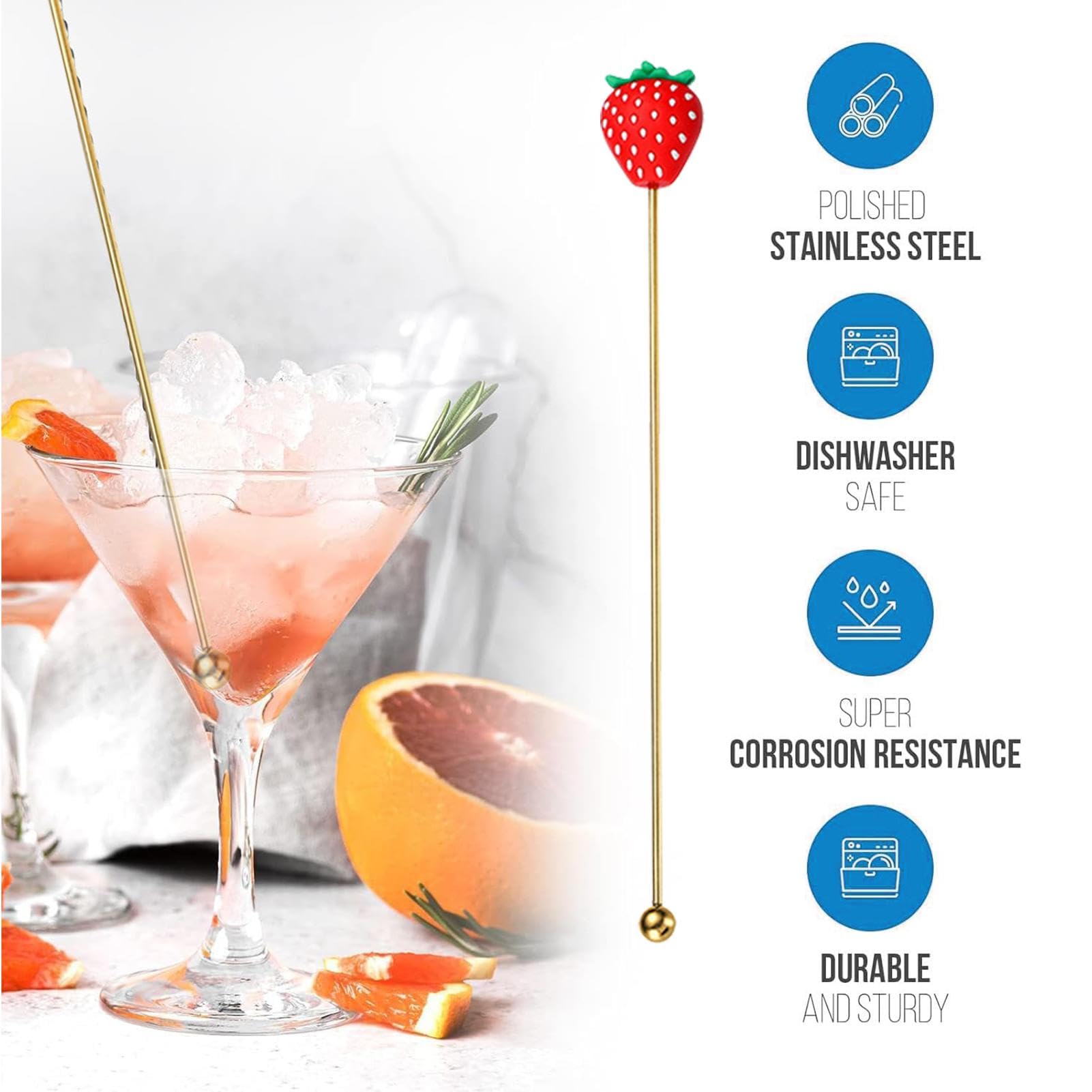 Lot De 10 Agitateurs à Cocktail En Acier Inoxydable Avec Poignée Silicone - Mélangeurs Bar Et Café