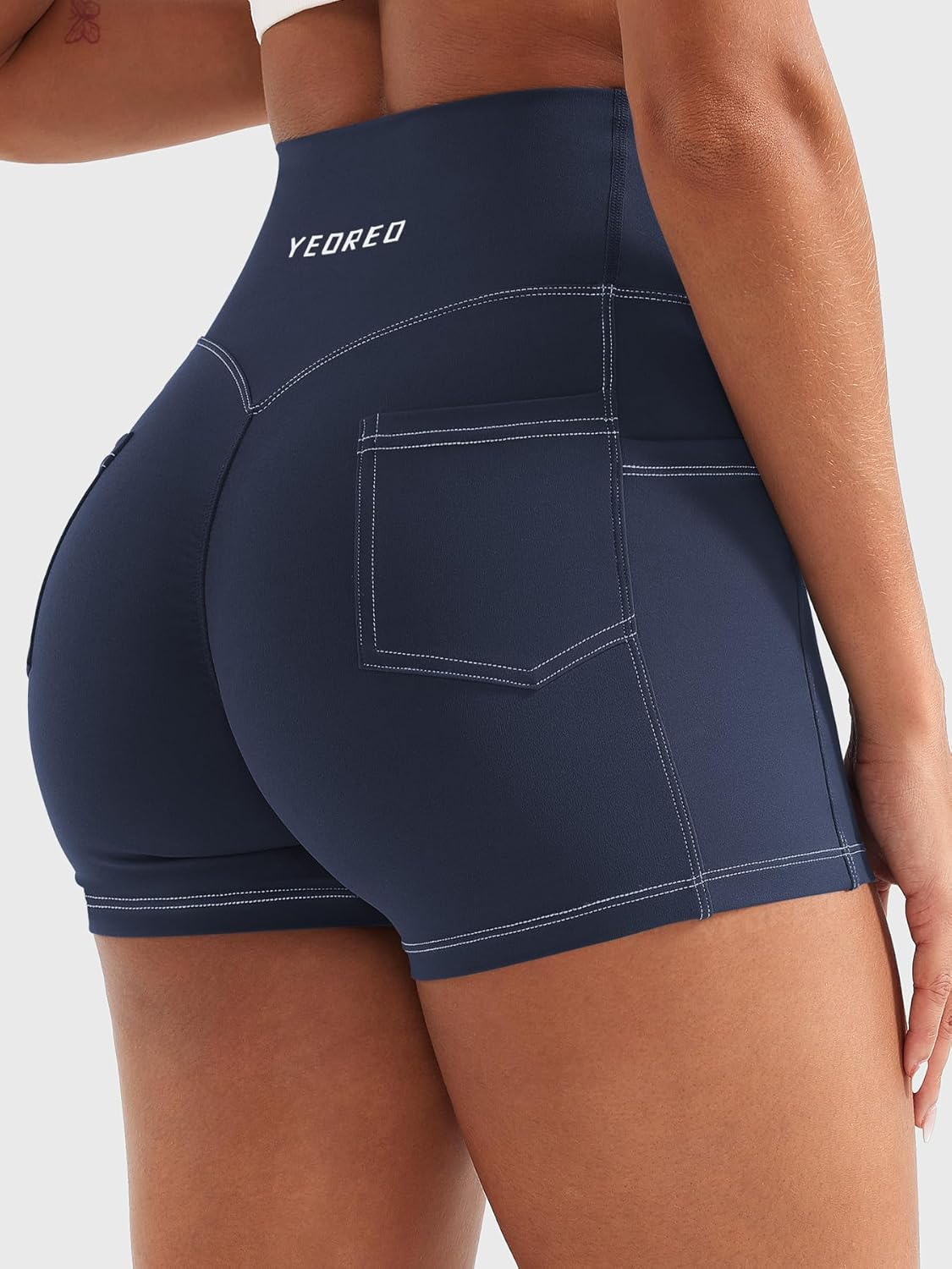 YEOREO CoreFlex Women Workout Shorts with Cargo Pockets Hidden Scrunch Butt Lifting Denim-Look Gym Shorts - Image 7