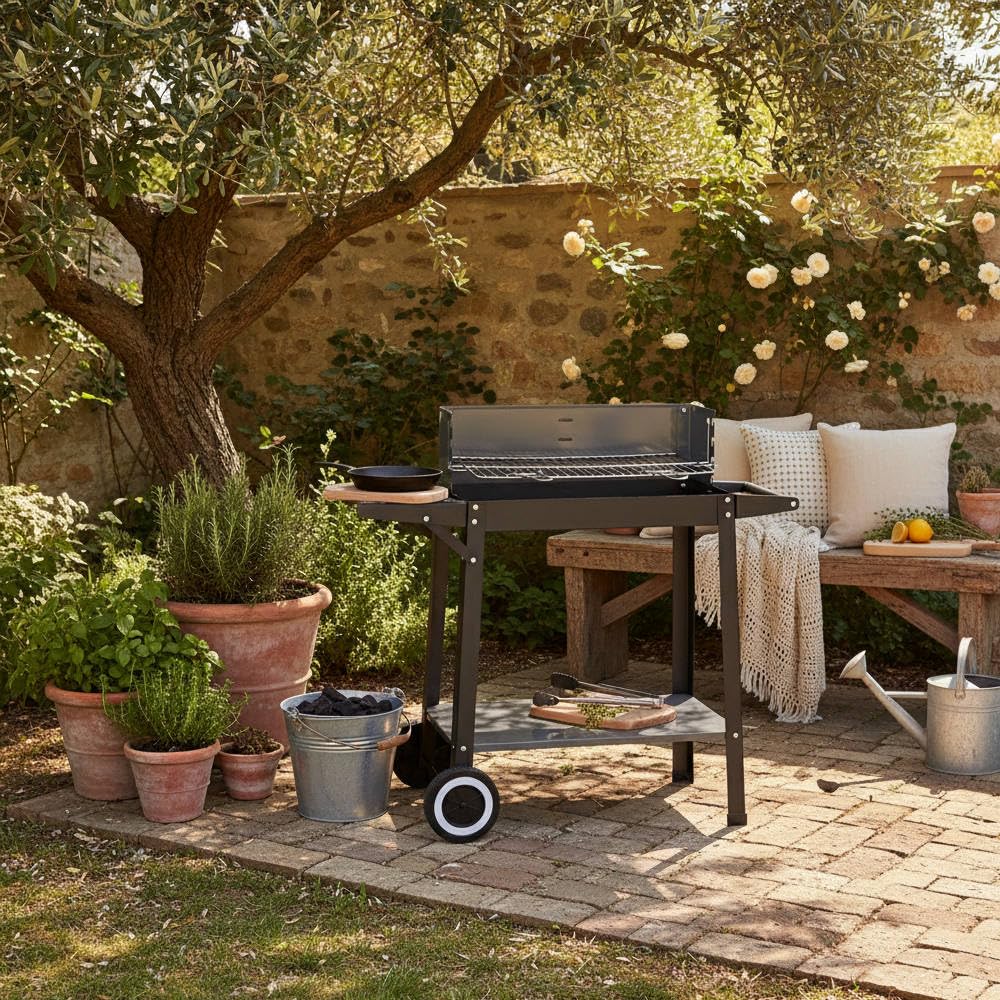 MONTY Barbacoa de Carbón de Acero, con Bandeja Lateral, Parrilla 48x29cm