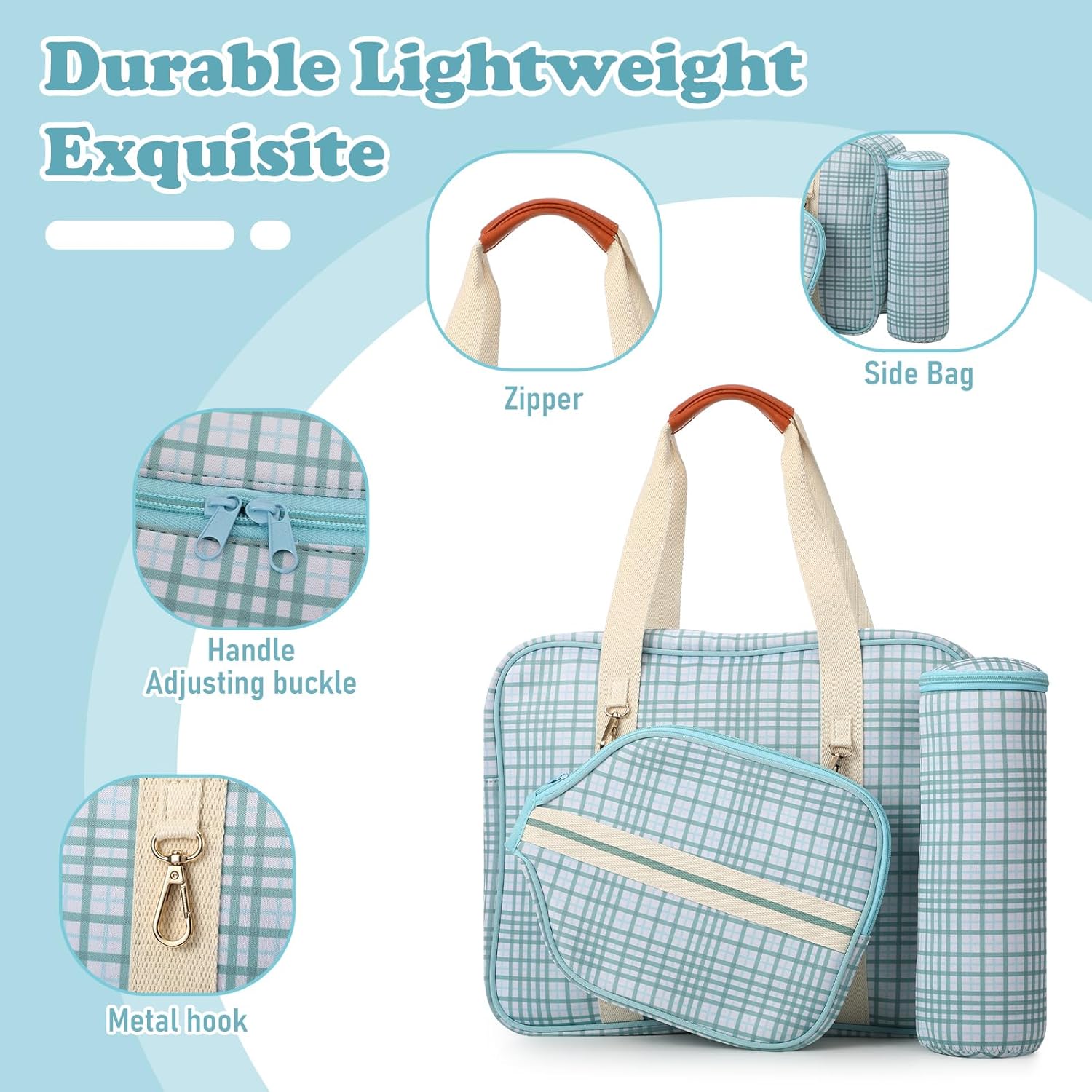 Plaid Paddle Sports Tote Bag with Cover Set, Large Capacity 3-in-1 Bag for Women Men Paddle Compartment and Removable Shoulder Strap Fits Sports Balls and Court Gear