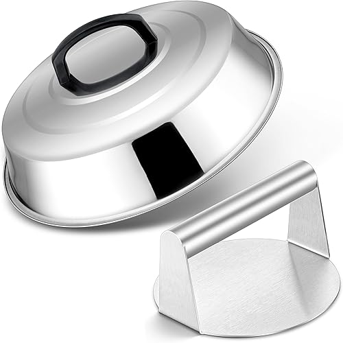 Miniatura 8 de HaSteeL Cúpula de fusión de queso de 12 pulgadas y prensa de parrilla de hierro fundido de 7 pulgadas, cubierta de hilvanado de acero inoxidable con