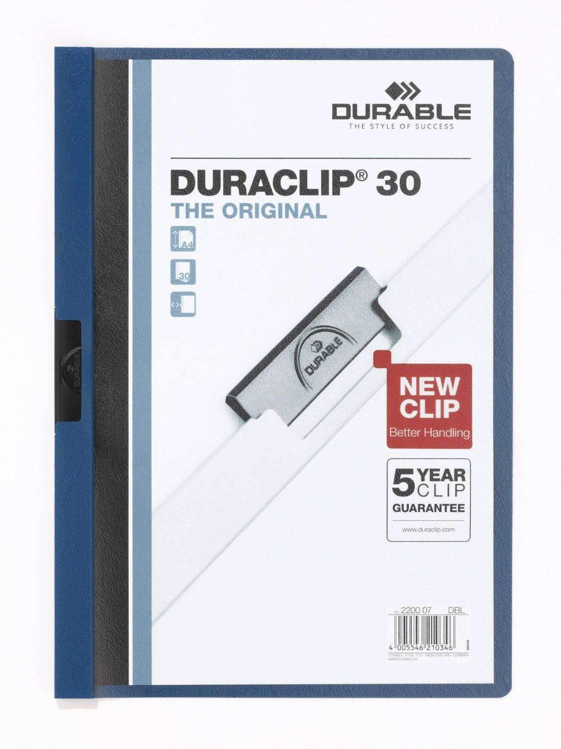 Durable DURACLIP 30 A4 Clip Folder - Holds up to 30 Sheets of A4 Paper - Robust Metal Sprung Clip - Pack of 5 Folders in Dark Blue