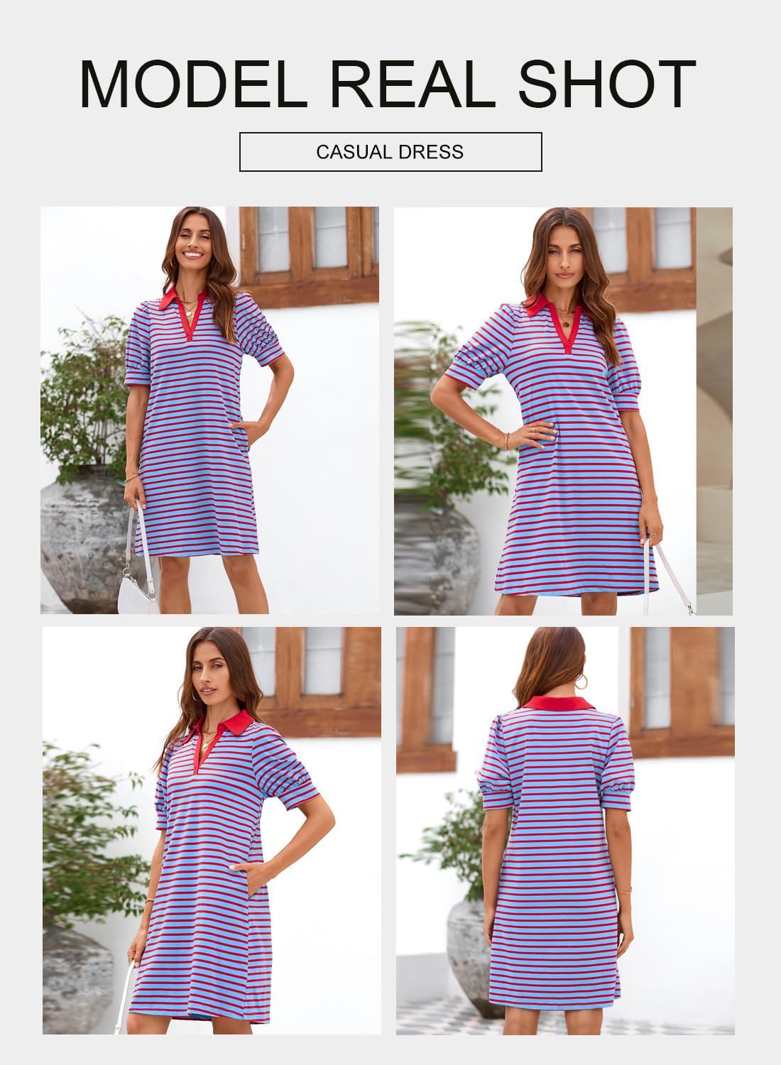 BLENCOT Women's Casual Polo V Neck T Shirt Striped Dress Summer Puff Short Sleeve MIdi Dresses - Image 5