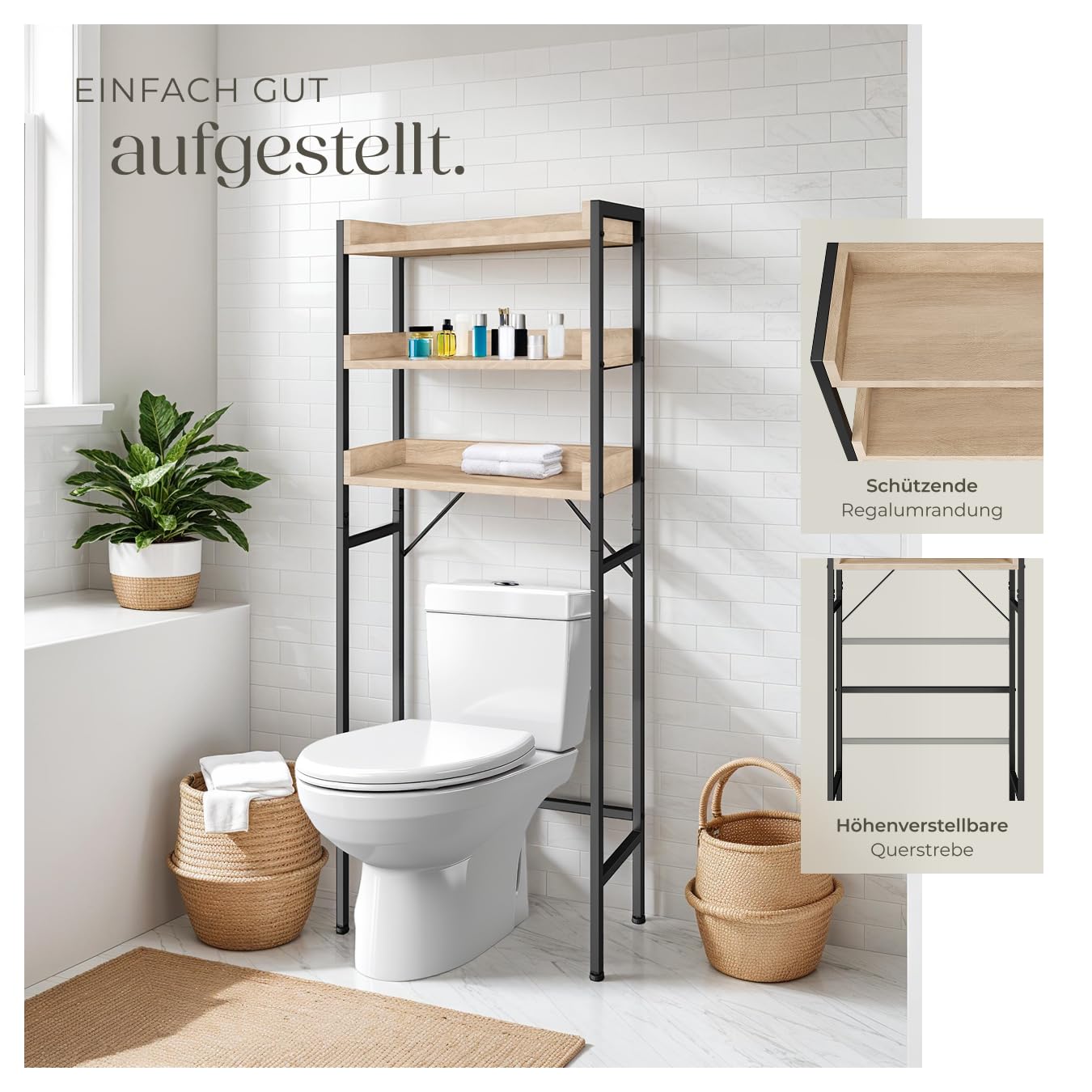 tectake Badezimmerregal mit 3 Ablagen, Badregal, Waschmaschinenregal, Industrial Design, Überbauschrank, Regal für Waschmaschine, Toilettenregal, 67 x25 x 165 cm - Industrial Holz hell, Eiche Sonoma