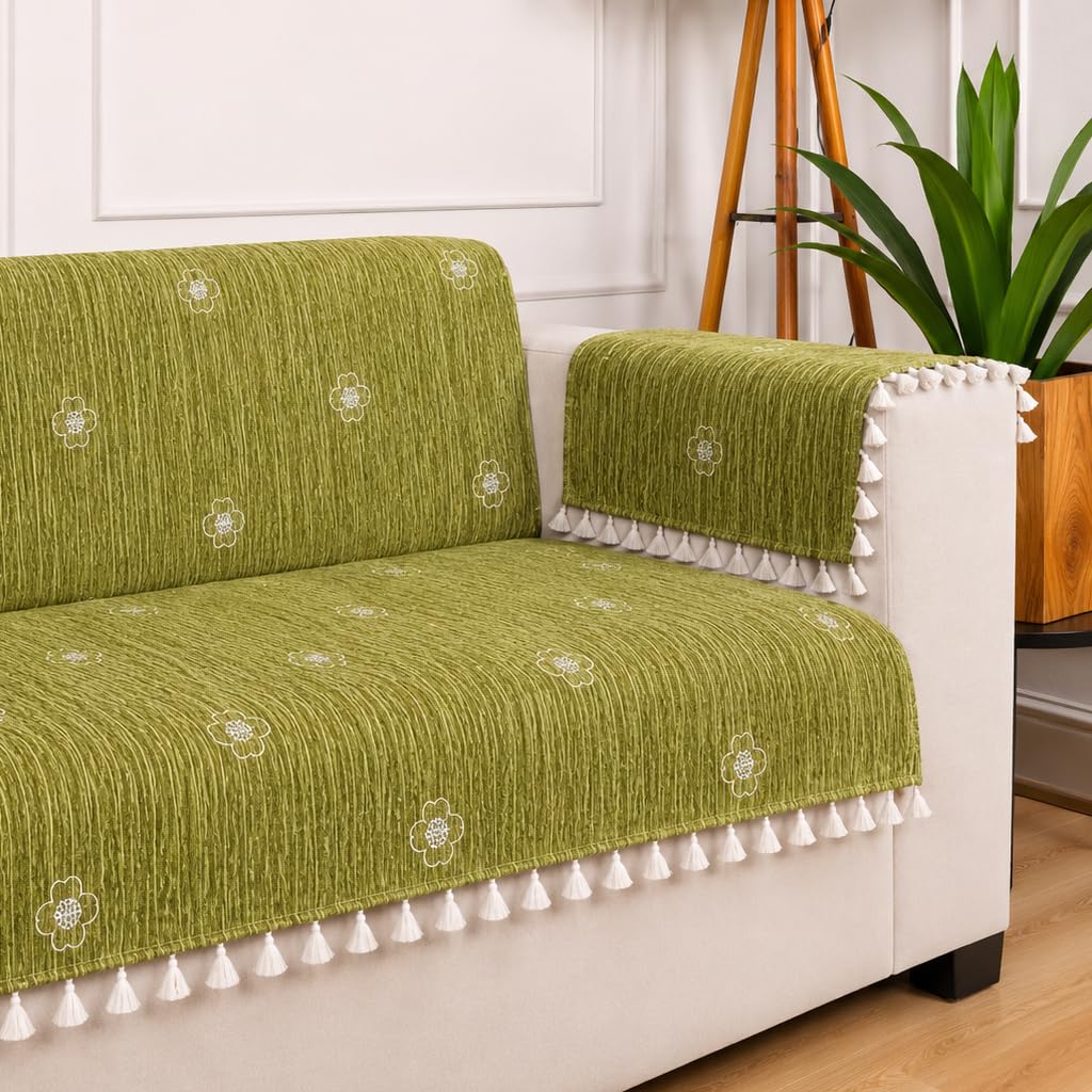STITCHNEST Artisoul Series Chenille Sofa Cover 3 Seater Fully Covered with 2 Hand Rest Covers | Premium Heavy Fabric, Washable & Fade Resistant |Green Sofa Protector with Tassels | Size 70x60 Inch