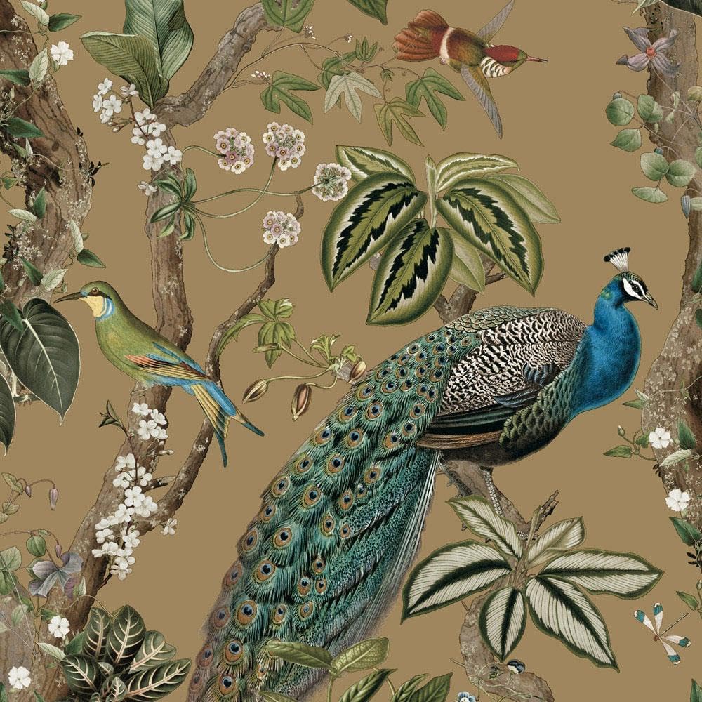Peacock Woods Gold Wallpaper Modern Naturistic Floral Flowers Birds