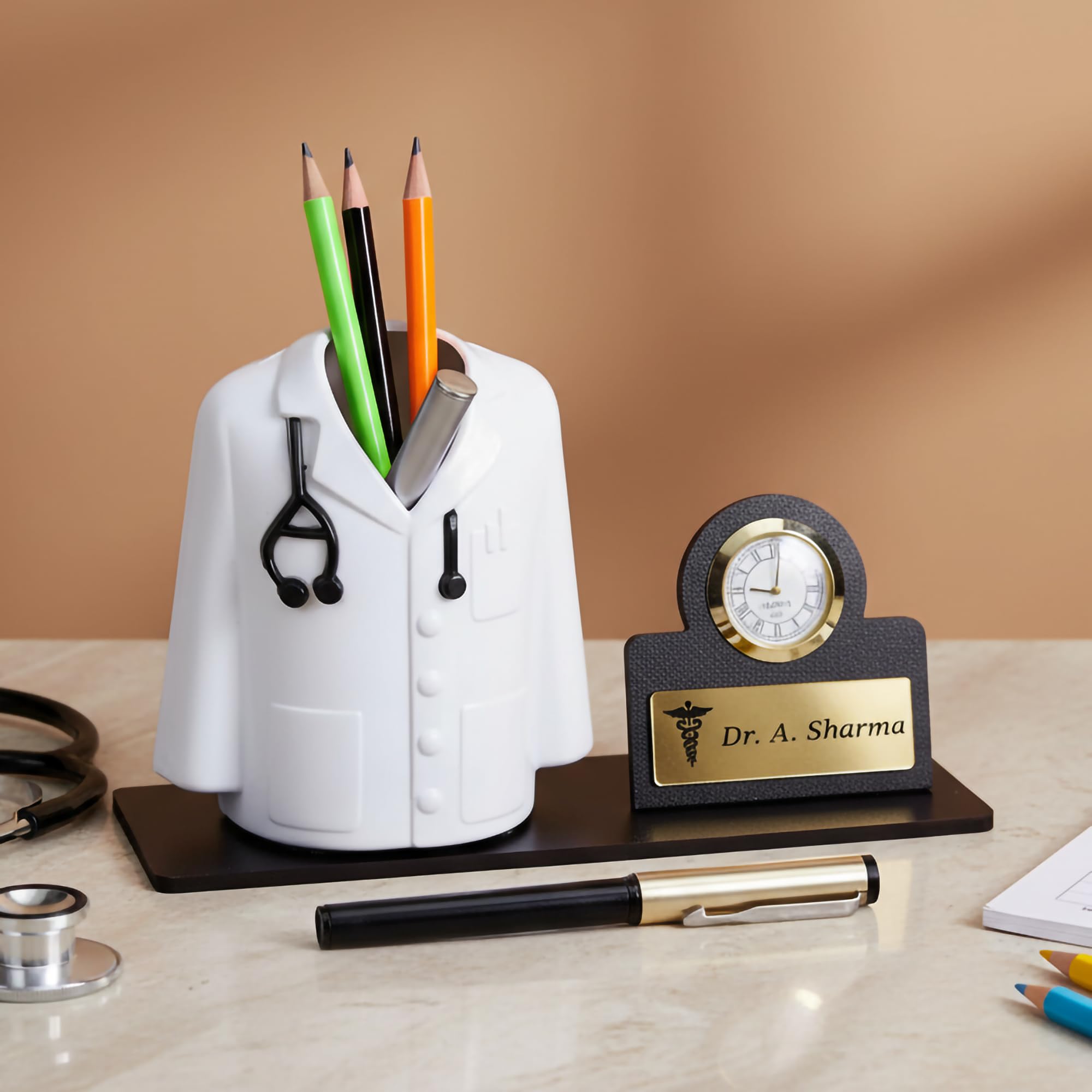 Deskart Doctor Pen Stand | Customized Desk Organizer for Doctors and Medical Aspirants with Apron/Coat Shape Pencil Holder, Clock and Personalized Name Engraved Plate