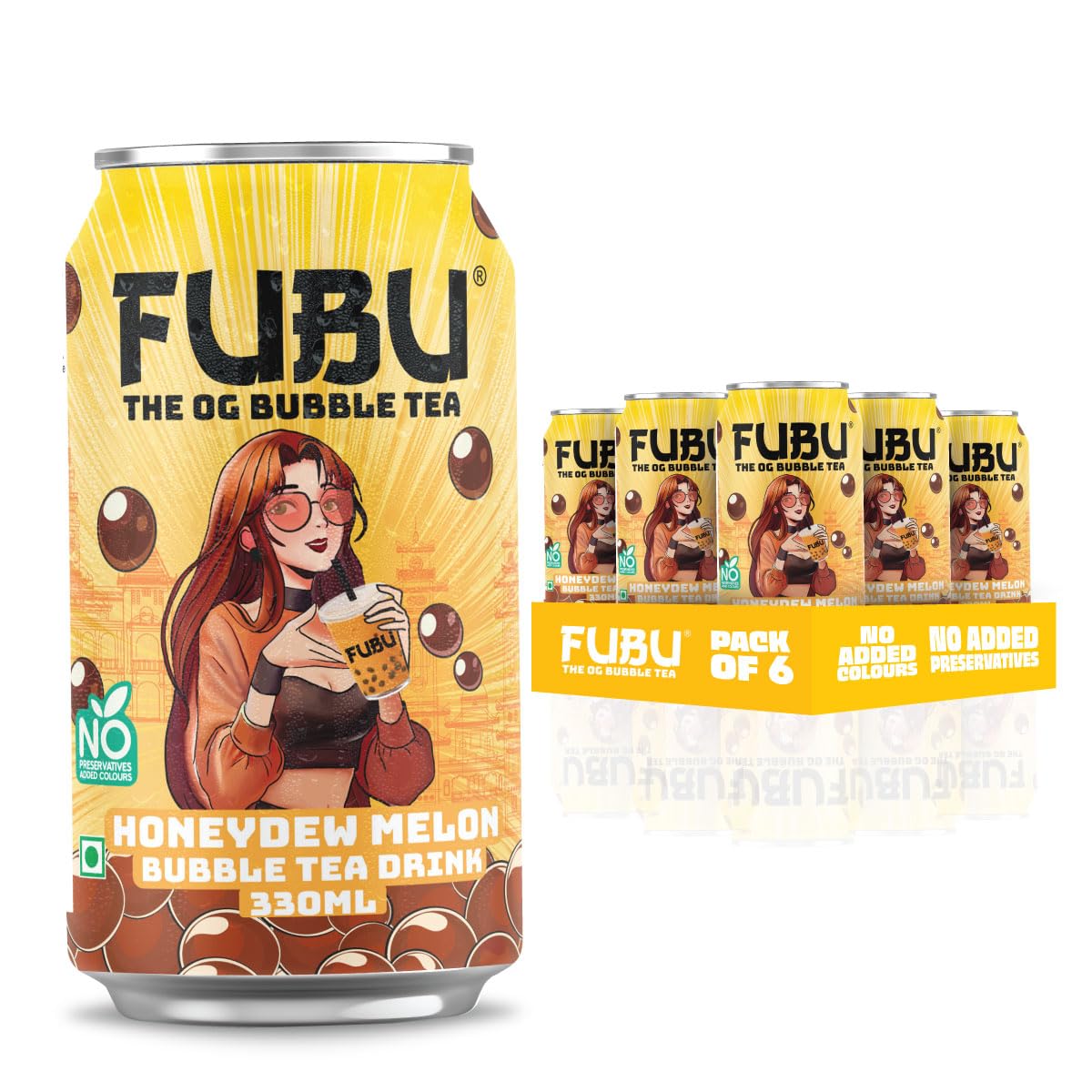 FUBU Honeydew Melon Bubble Tea - Pack of 6 (330ml Each) | Authentic Vietnamese Ready to drink Boba Tea | Smooth, Refreshing Boba Drink | Ready to pop Open, Stir & Sip | No Preservative, No Added Colour