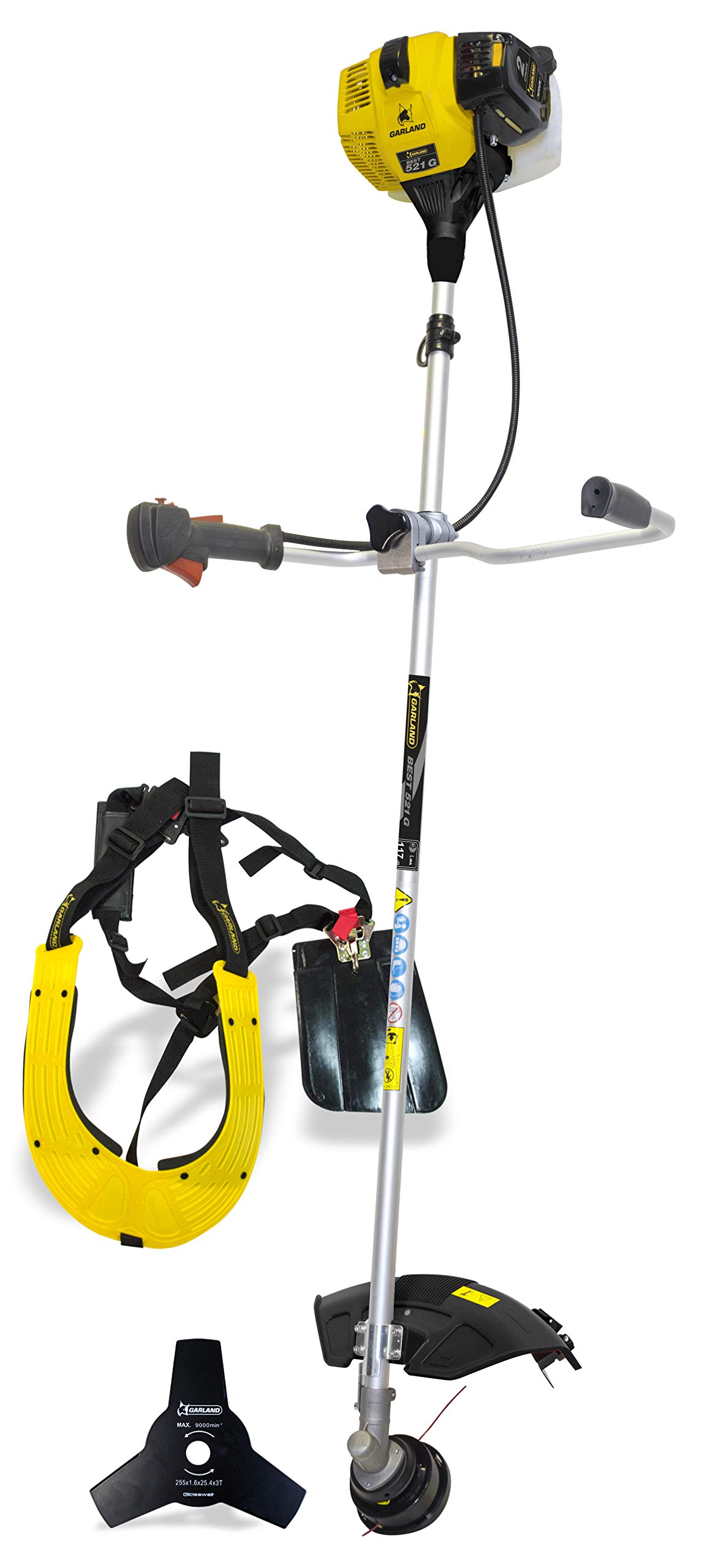 GARLAND Best 521G-V18 - Desbrozadora de Gasolina - Cilindrada32,6 CC, Potencia 1,2 CV. Manillar Plegable. Incluye arnés, Cabezal de Hilo y Disco de 3 Puntas.