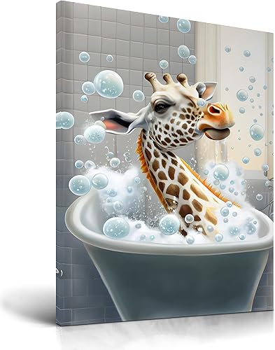 UPWOIGH Divertido arte de pared de baño, decoración de pared de jirafa colorida, lienzo enmarcado de madera impermeable, arte de pared de animales