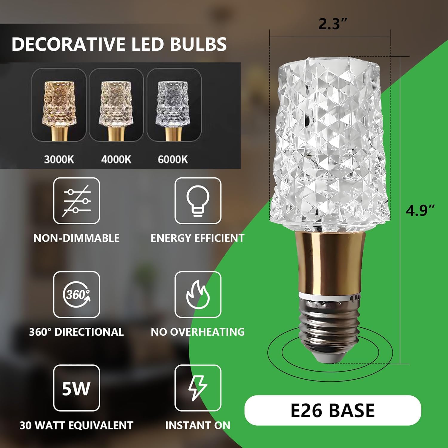 6pcs Acrylic Decorative E26 LED Light Bulbs 5w Equivalent 30 watt, Unique Fancy Light Bulb Warm White 4000k,Non-dimmable Lightbulbs for Living Room Dining Room,150 Lumens(B014-Warm white-4000k, 6pcs) - Image 2