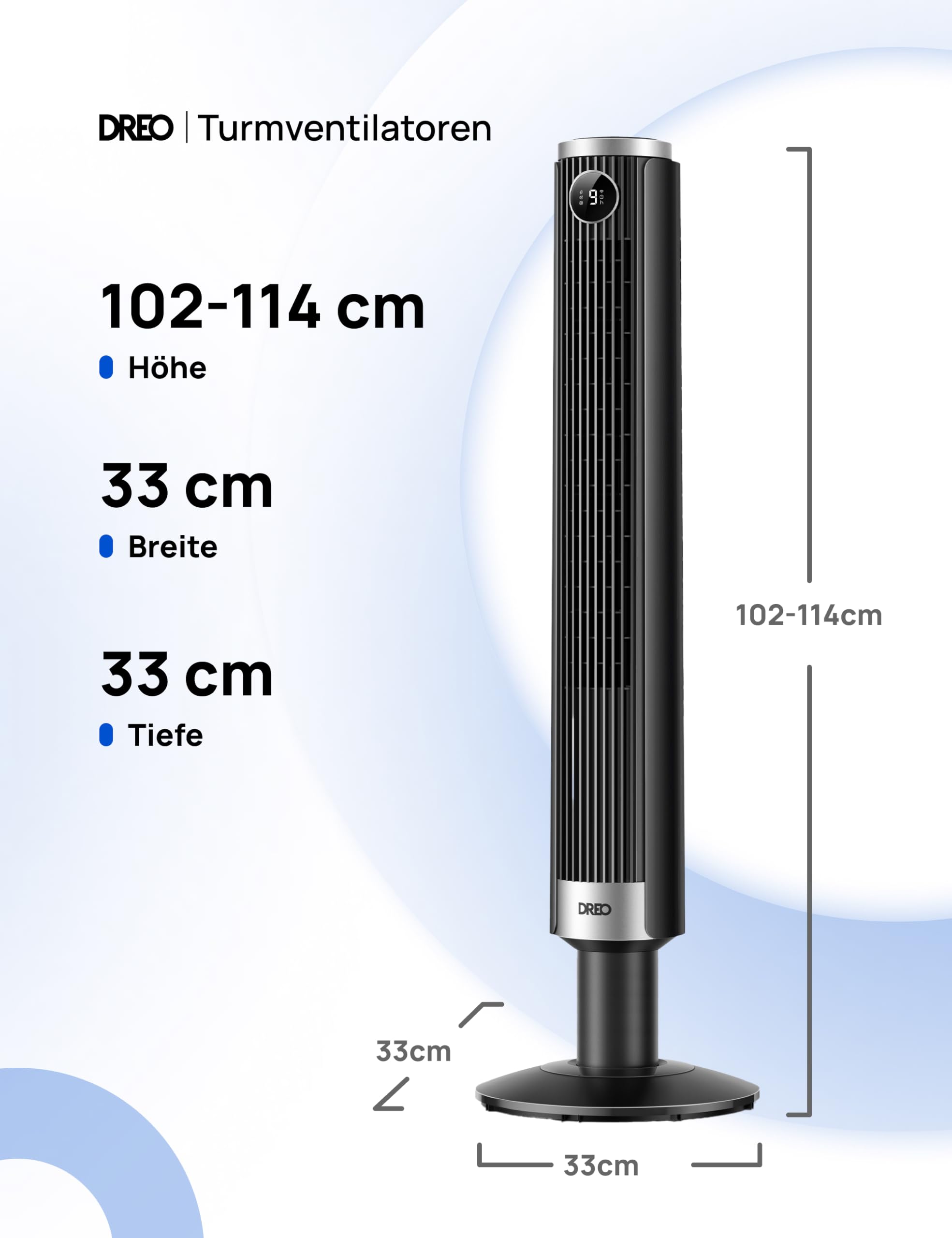 DREO Smart 102–114cm Turmventilator fürs Schlafzimmer, Höhenverstellbar, 8.4m/s, DC-Motor, 9 Stufen, 4 Modi, 90°-Oszillation, Standventilator, 20dB Leise, 12H Timer für Zuhause und Büro, Google/Alexa