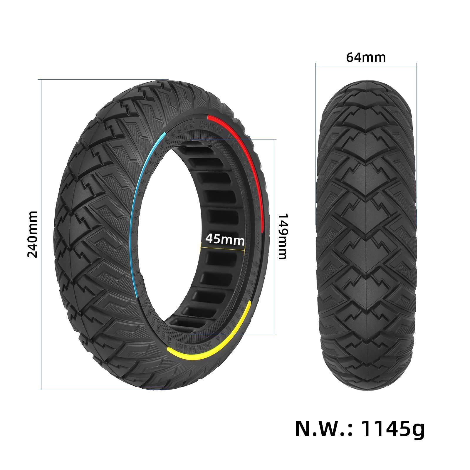 250x64 Pneumatici in gomma piena per monopattino elettrico - 10 pollici, pneumatici di ricambio per fuoristrada con cerchio tricolore per gli scooter elettrici Xiaomi 4 Ultra e Navee S65