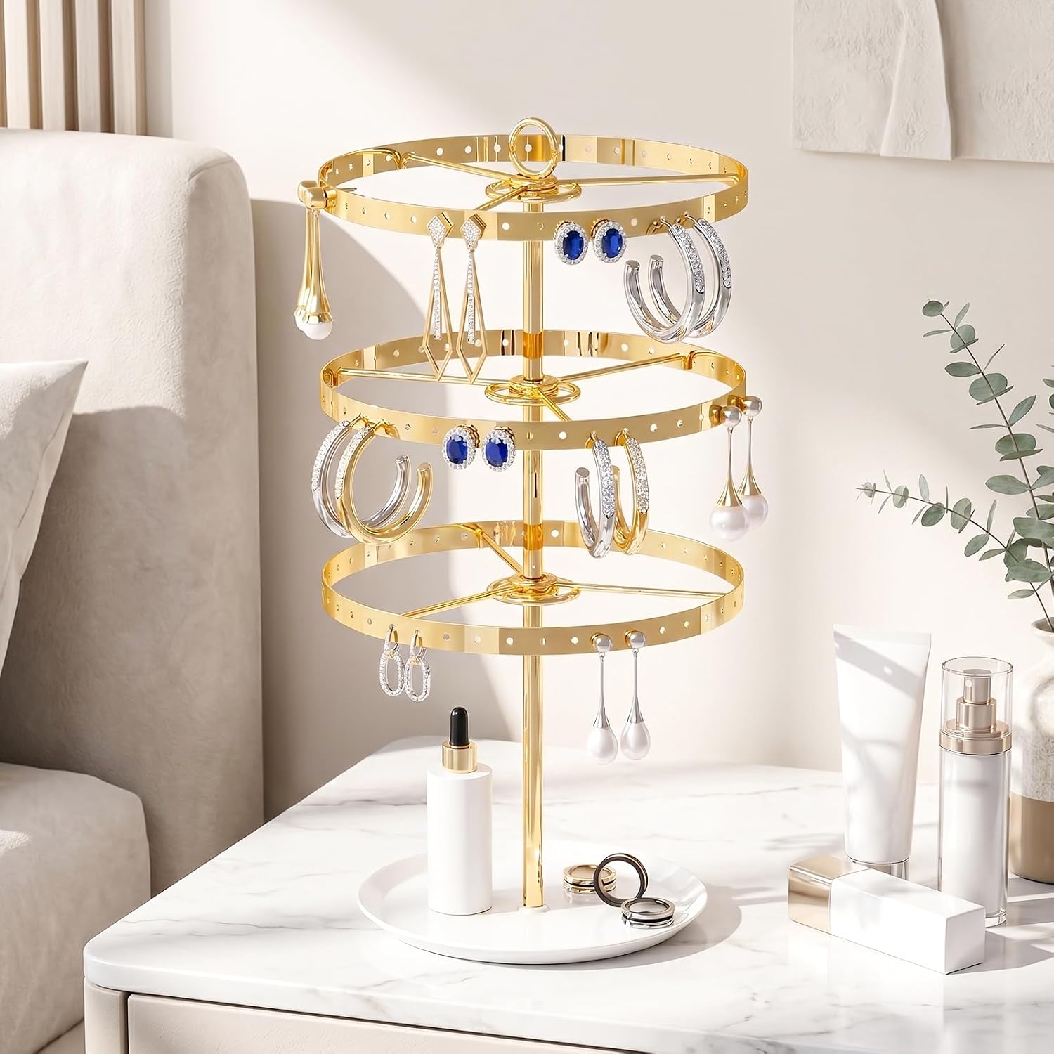 Rotating Earring Holder Organizer,Earring Displays for Vendors, Metal Jewelry Display Stand for Studs (Gold, 3 Tier)