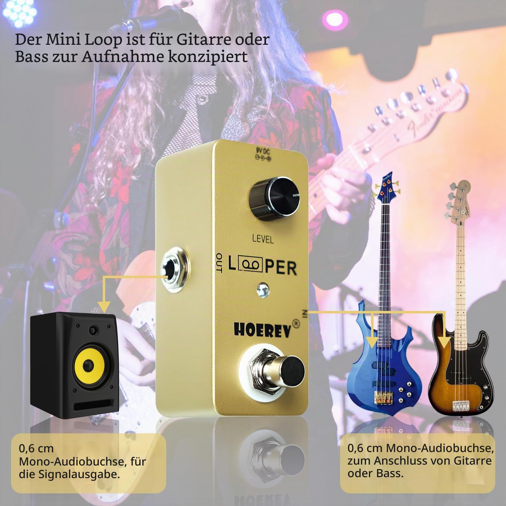 Hoerev Gitarre Mini Loop Effektor Looper Sampler Effekte Tuner für elektrische akustische Gitarre Bass Pedale Loops Stationen, Farbe Gold