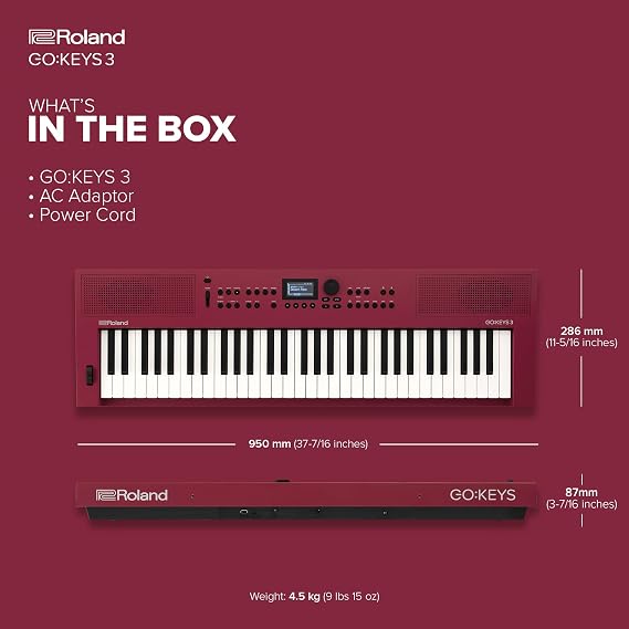 Roland GO:KEYS 3 Music Creation Keyboard | 61-Note Keyboard | Built-In Stereo Speakers | Bluetooth Audio/MIDI Support for Music Streaming - Dark Red