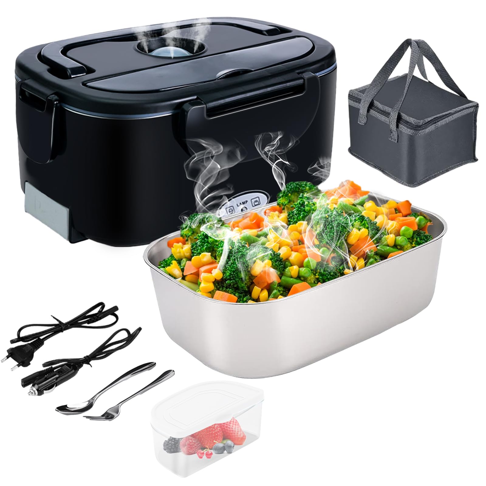 4-in-1 Electric Heated Lunch Box 12V/24V/220V~240V, 1.5L 60W Stainless Steel Fast Heating Lunch Box, Removable Lunch Box for Office, School, Travel, Car, with Insulated Bag