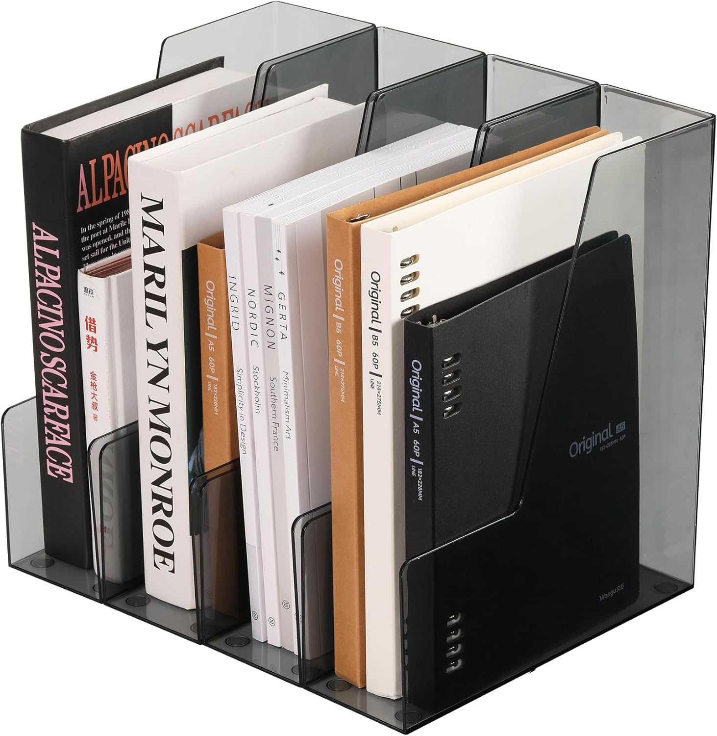 Vertical File Holder, PET Desk Organizer and Storage Bins Holding for Magazines, Binders, Notebooks, Envelopes, Papers, Multi-purpose Plastic Document Organizer for Home Office, Black, 4 Pack