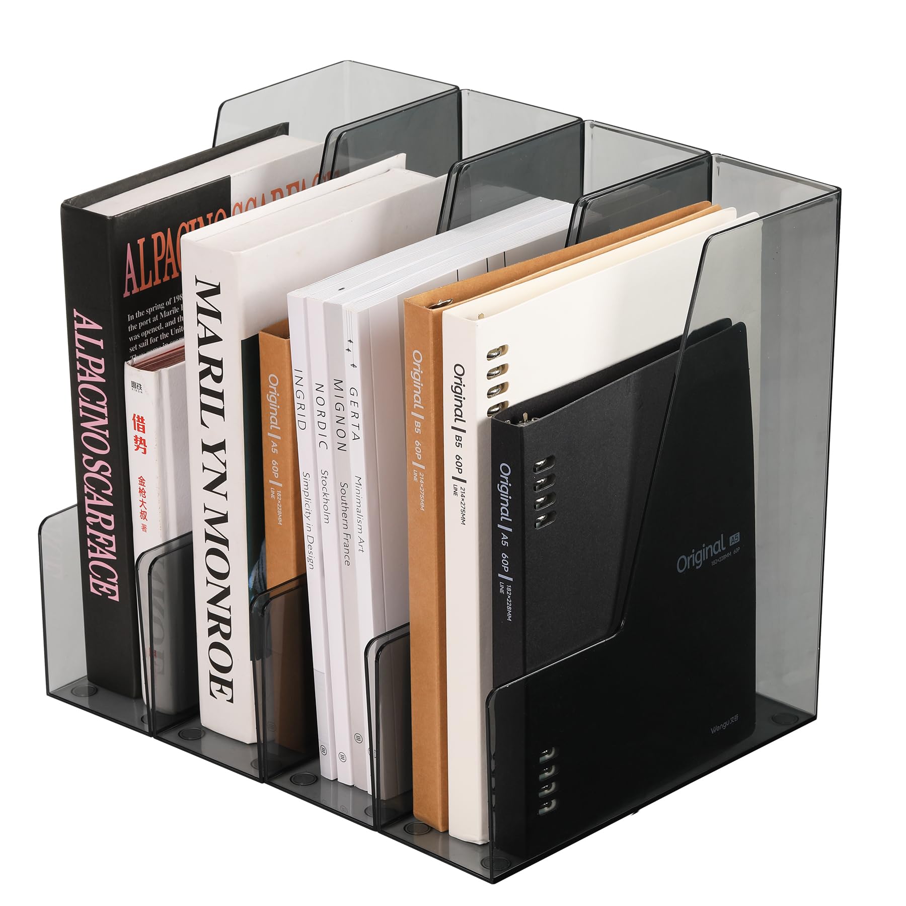 Photo 1 of CiWiVOKi Vertical File Holder, PET Desk Organizer and Storage Bins Holding for Magazines, Binders, Notebooks, Envelopes, Papers, Multi-purpose Plastic Document Organizer for Home Office, Black, 4 Pack