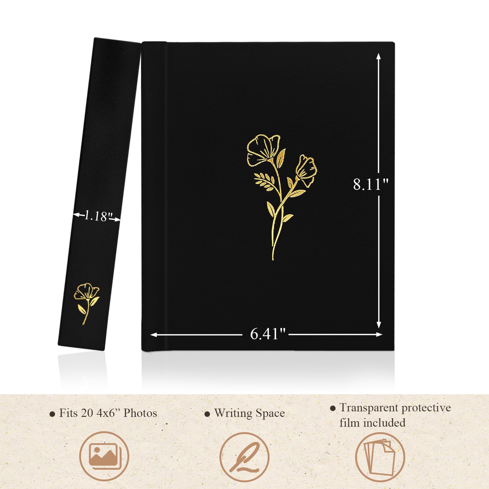 Álbum de fotos pequeño de 4 x 6 pulgadas con espacio para escribir, 20 bolsillos, cubierta de lino, libro de recuerdos, regalo para bodas, familiares y bebés (negro)
