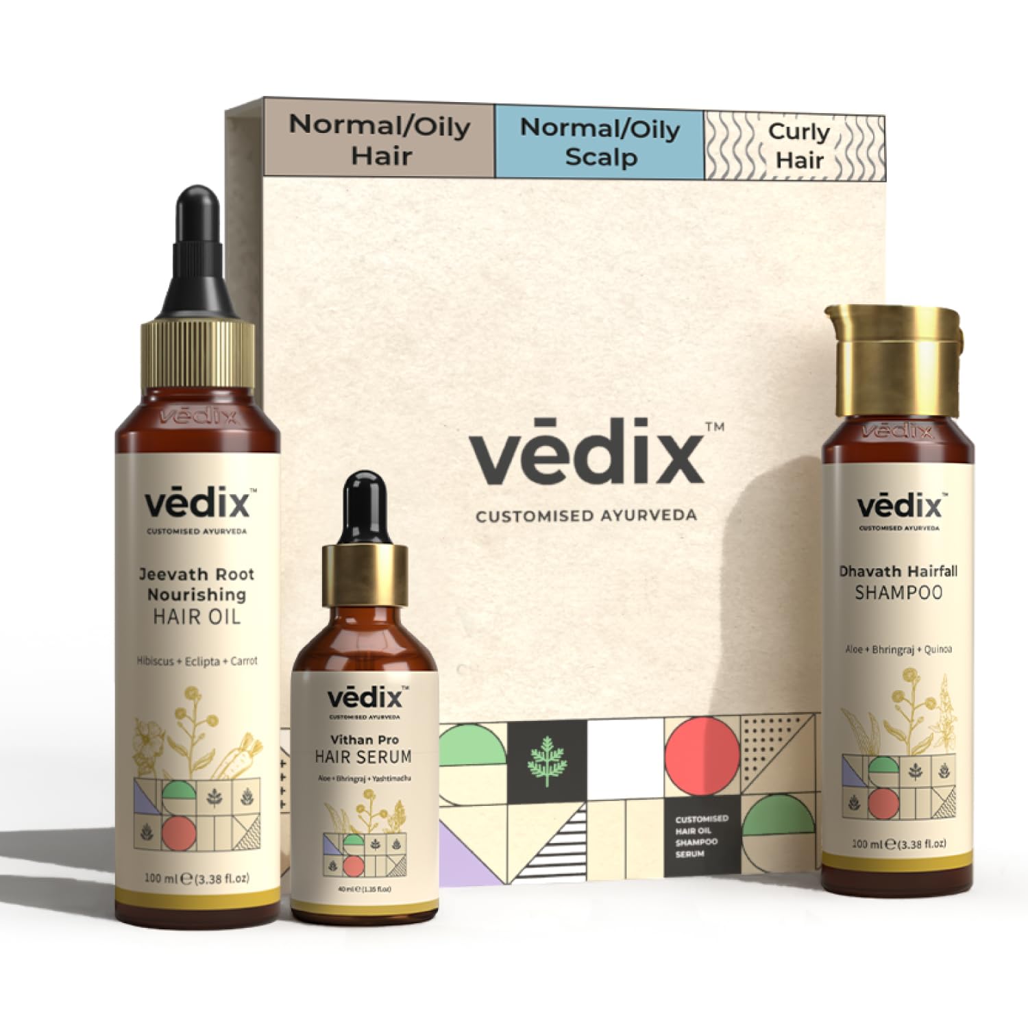Vedix Customized Hair Fall Control Regimen For Normal/Oily/Scalp - Curly Hair, Ayurvedic Hair Care - 3 Product Kit + Eclipta - Anti-Hairfall Shampoo - Hair Growth Serum