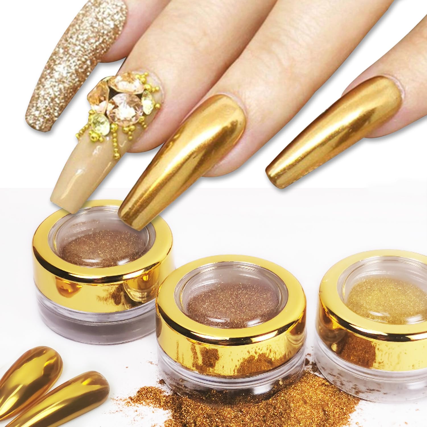 Holographic Mirror Gold Chrome Nail Powder Kit Effect Pure Metallic Dust Sequins UV Gel Gold Nail Chrome Powder Set Pigment for Nail Art Decoration