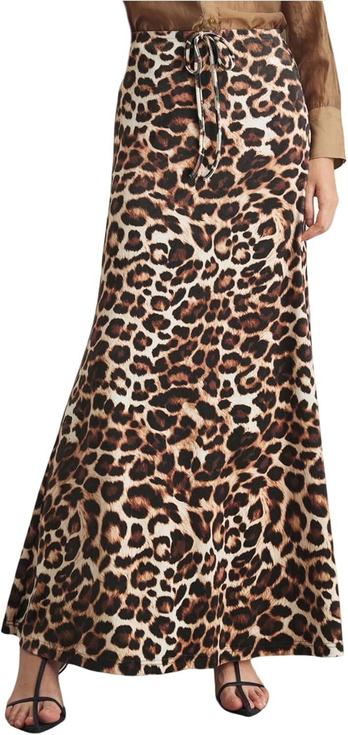 Floerns Women's Leopard Ruffle Maxi Skirt Drawstring High Waisted Fishtail Long Skirts