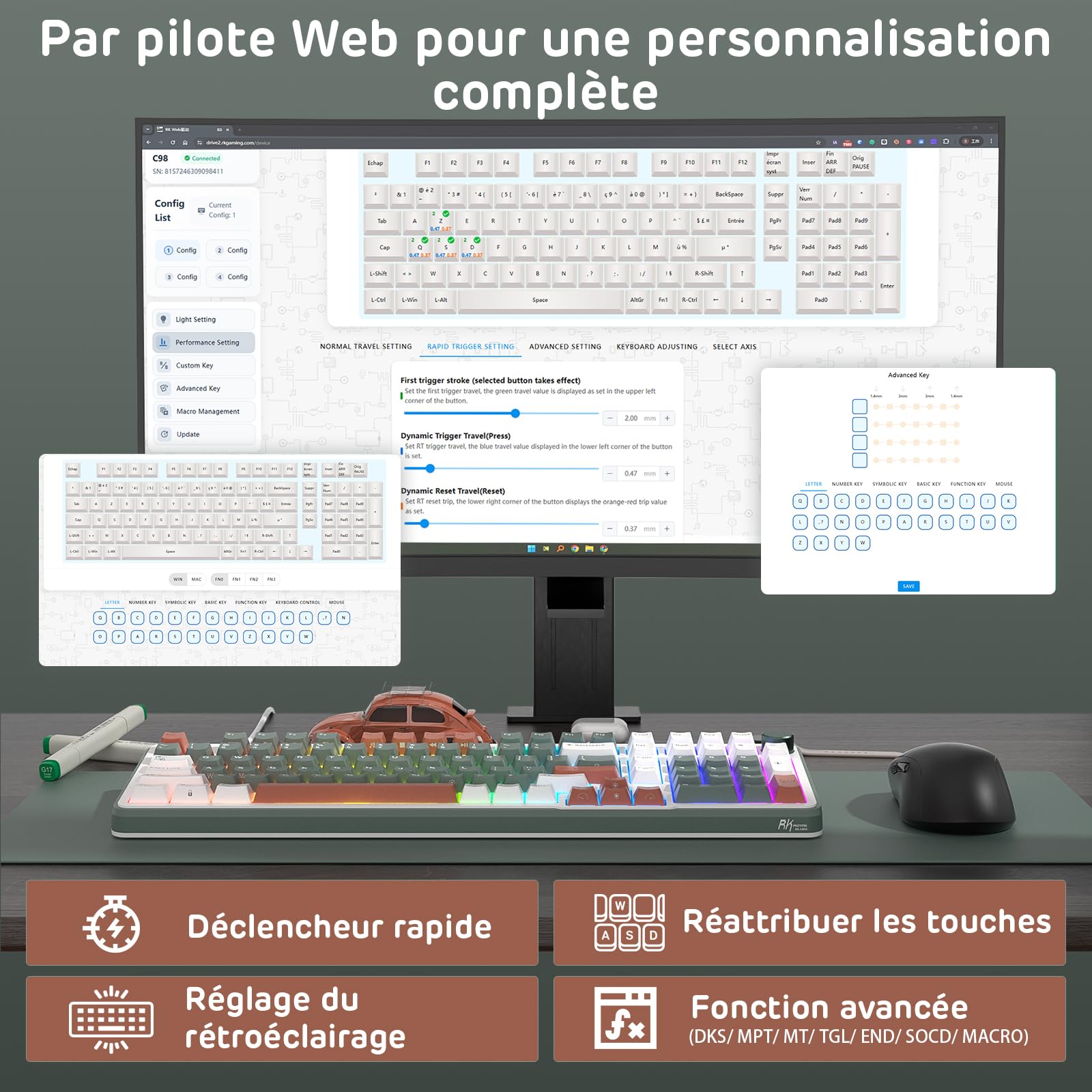 RK ROYAL KLUDGE C98 FR Clavier mécanique Jeu, commutateur magnétique Effet Hall, Filaire RGB 95%, déclenchement Rapide réglable, taux rafraîchissement 8KHz, Pilote Pro Web pour Mac&Win,French AZERTY