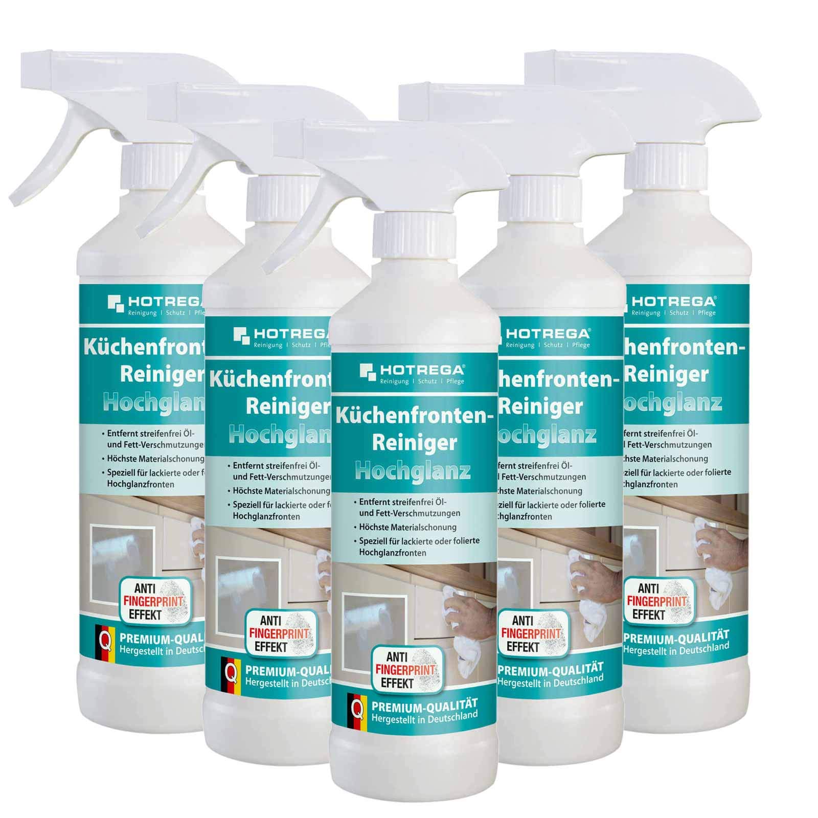 HOTREGA Küchenfronten-Reiniger Hochglanz 5x 500 ml | Fettlöser | Streifenfreie Reinigung ohne Mikrokratzer | Anti-Fingerprint-Effekt | Für Lack, Folie, Glas, Edelstahl & Badmöbel
