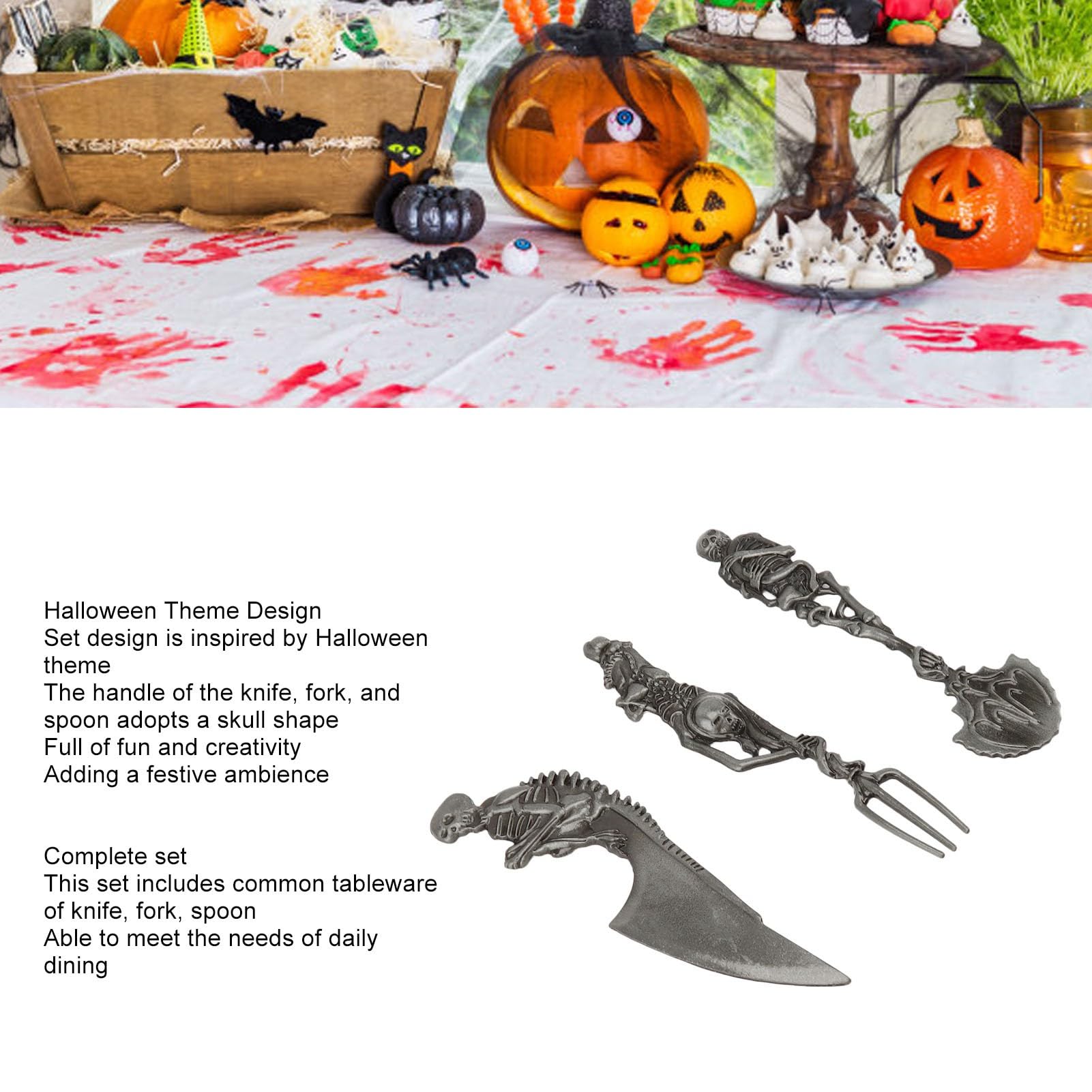 Skeleton Skull Silverware Set, Cutlery Set 3 PCS Includes Spoon Fork and Knife Flatware Tableware Design Modern Look Great Gifts For Halloween Easter and Christmas (Silver Gray)