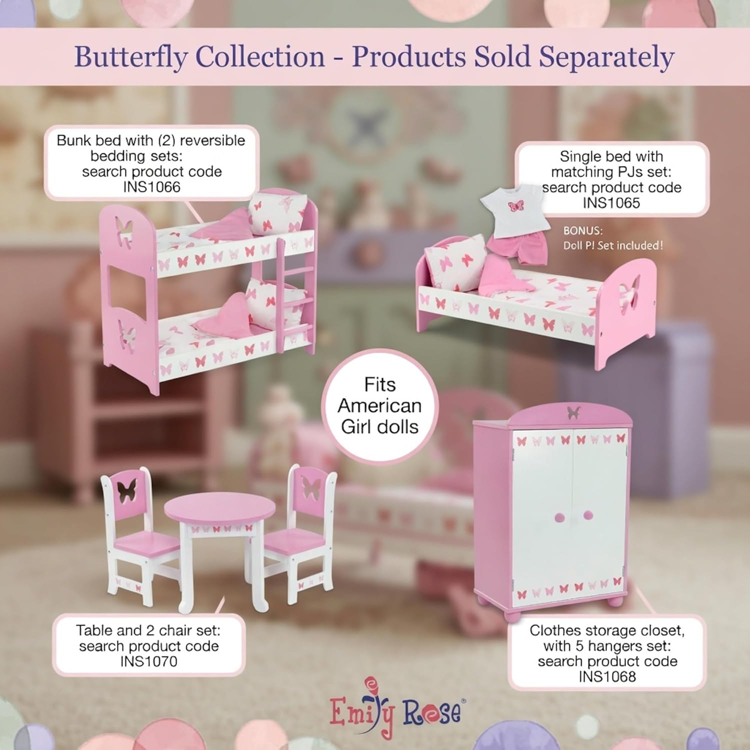 Emily Rose 18" Doll Open Wardrobe Closet - Butterfly Collection Storage Closet with 5 Hangers & 2 Large Fabric Bins | American Girl Compatible | USA Brand