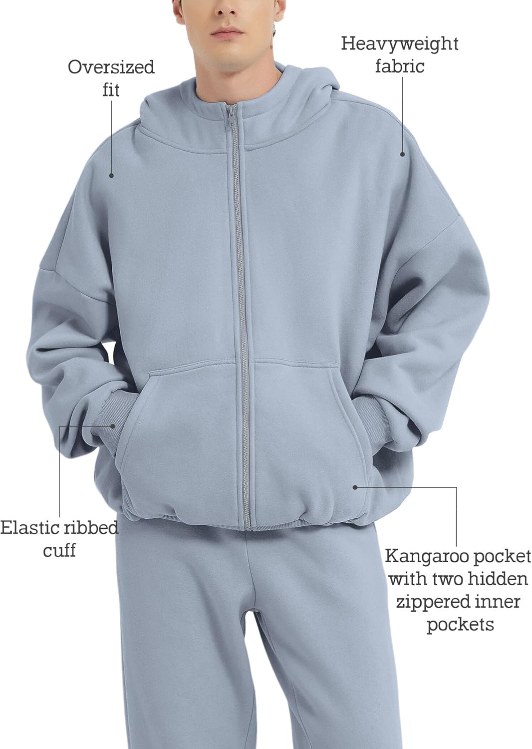 FAIABLE Mens Zip Up Hoodies with Pockets Oversized Sweatshirt Winter Long Sleeve Jackets Fleece Fall Outfits 2025 - Image 2