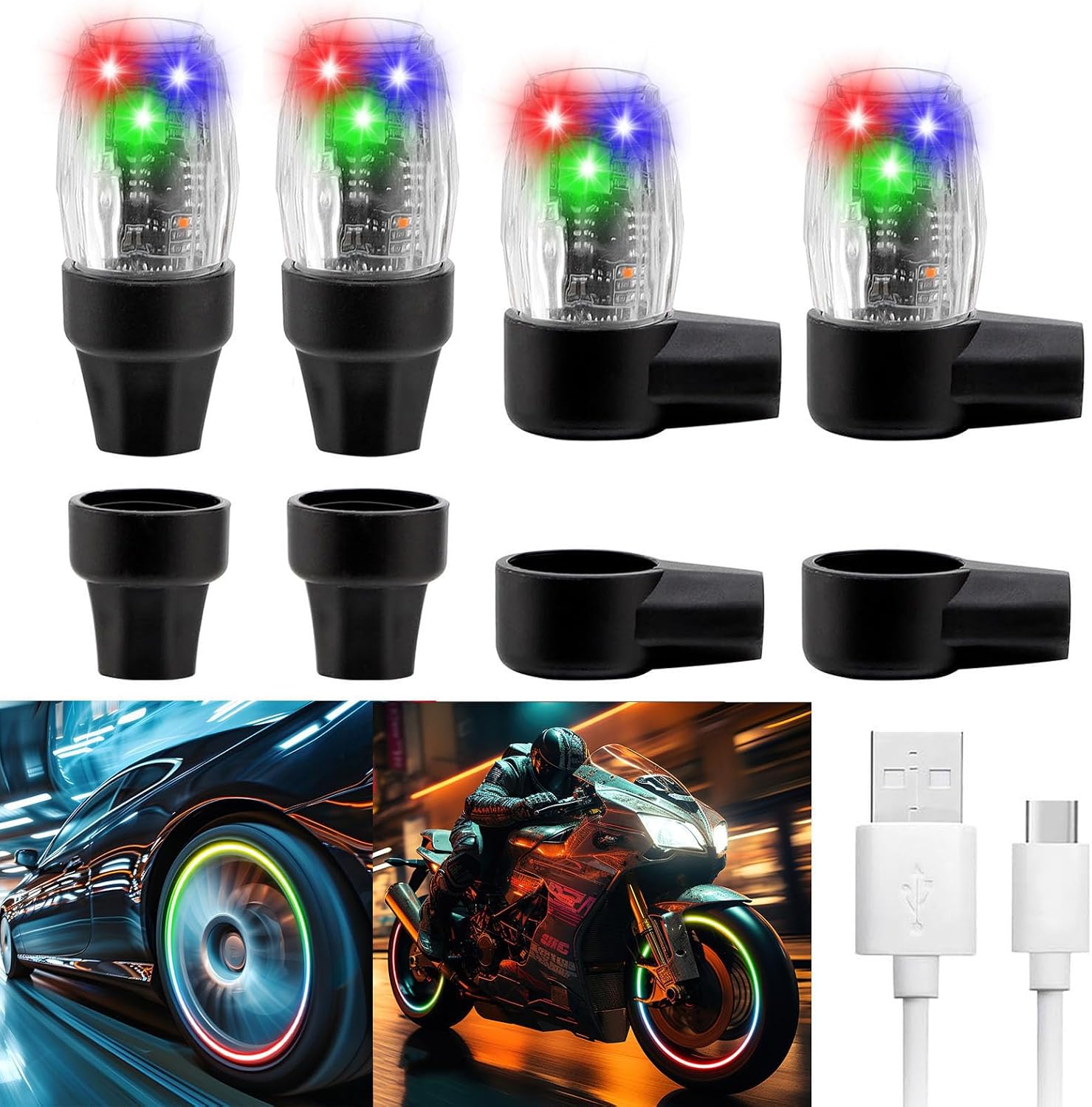 4 Pack Tire Lights for Car LED Wheel Light Valve Stem Cap Flash Light for Truck Motorcycle Bike Waterproof Rechargeable Tyre Spoke Lamp Glow in the Dark Reflector Accessories(Colorful)