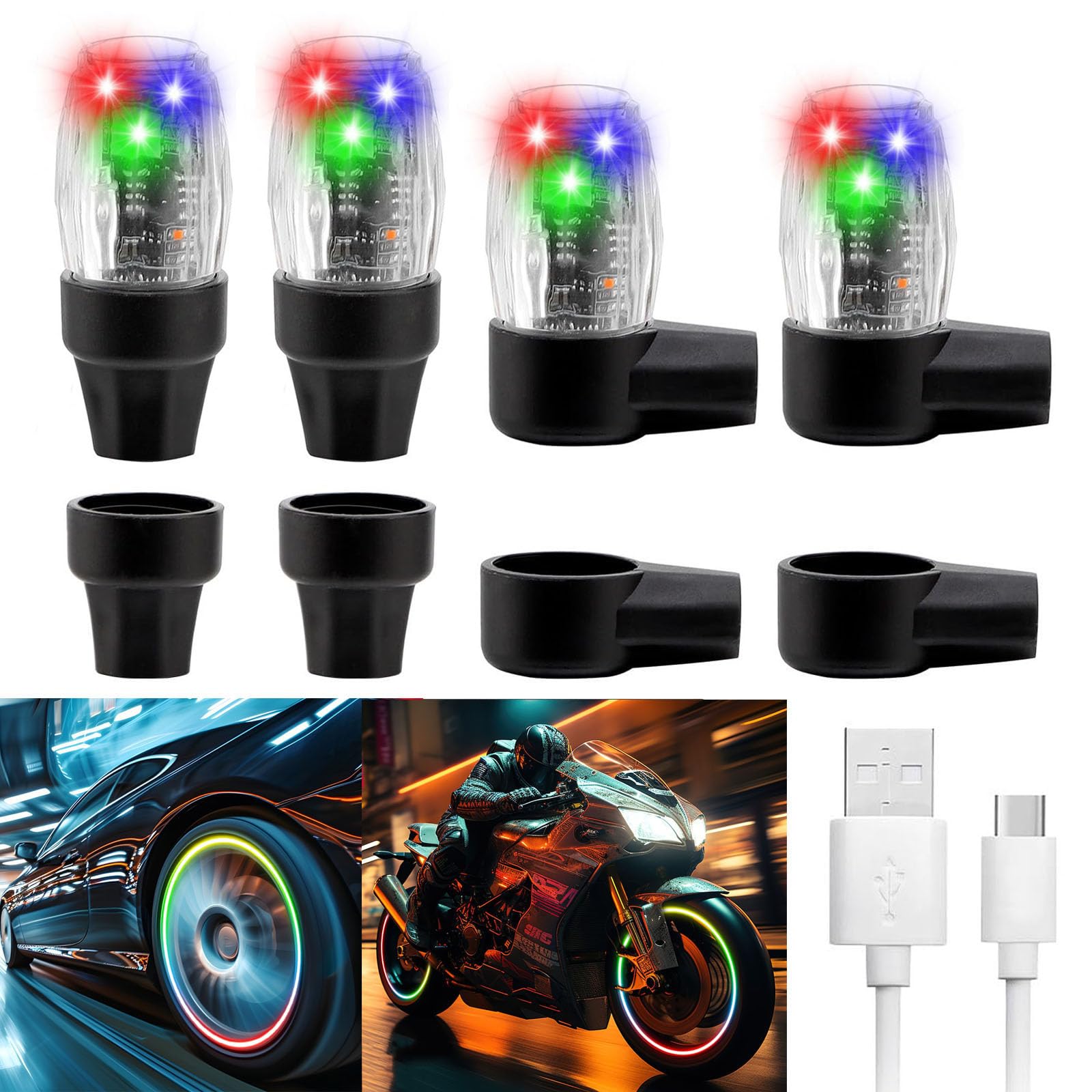 4 Pack Tire Lights for Car LED Wheel Light Valve Stem Cap Flash Light for Truck Motorcycle Bike Waterproof Rechargeable Tyre Spoke Lamp Glow in The Dark Reflector Accessories(Colorful)