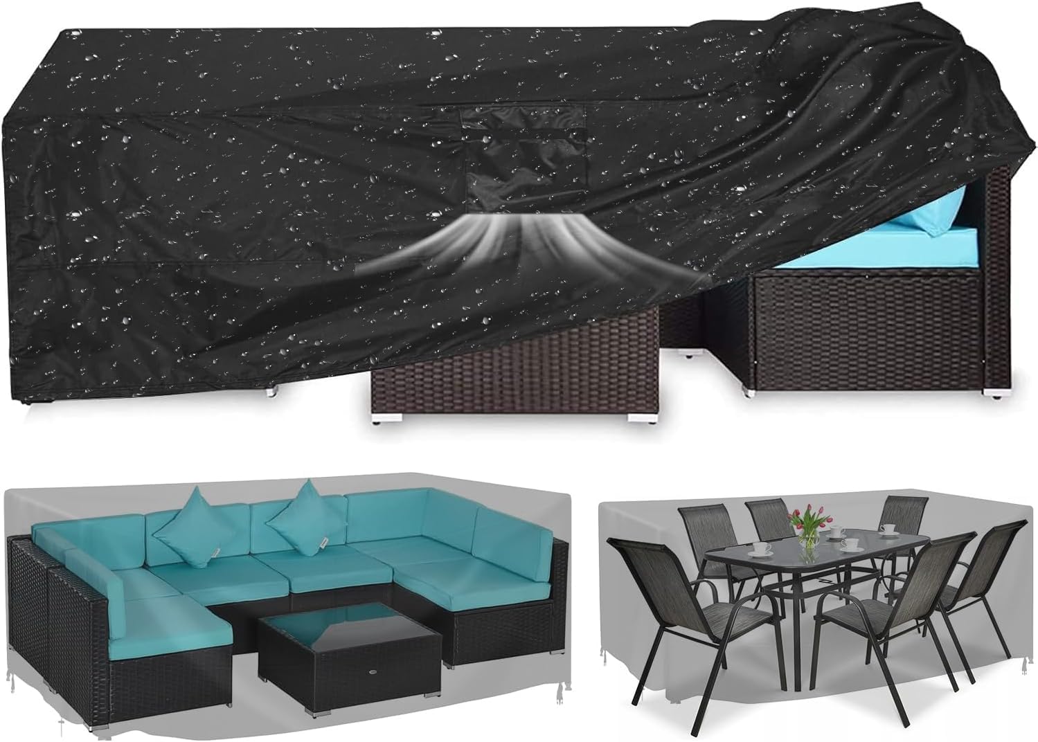 Patio Furniture Covers Rectangular, Outdoor Furniture Cover Waterproof, Sectional Sofa Set Covers Table and Chair Set Covers General Purpose Black (111'' L x 74''W x 28.3'' H)-image-48