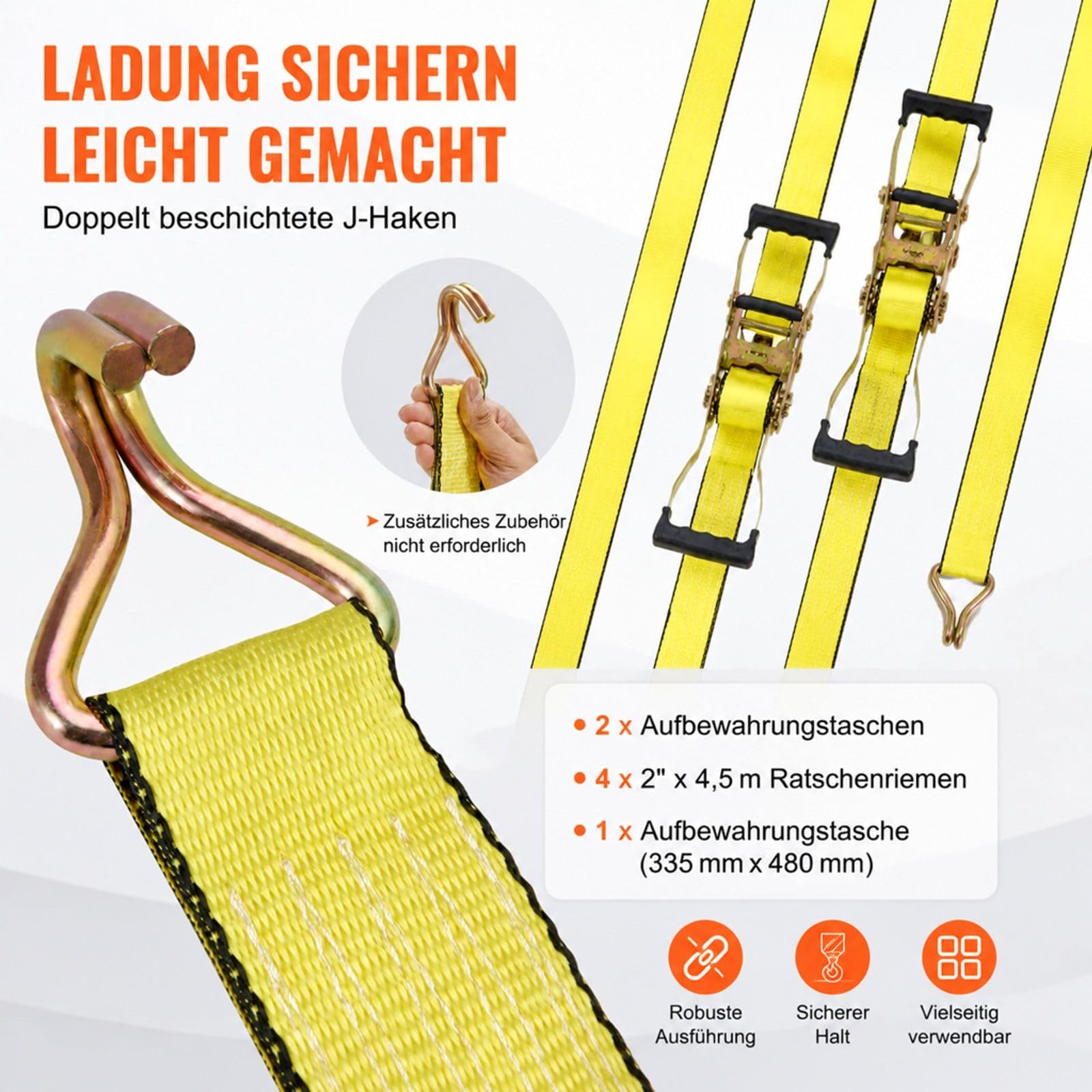 4er-Set Ratschengurte mit Doppel-J-Haken und gepolsterten Griffen für Umzug, Ladung, Haushaltsgeräte und Gartengeräte