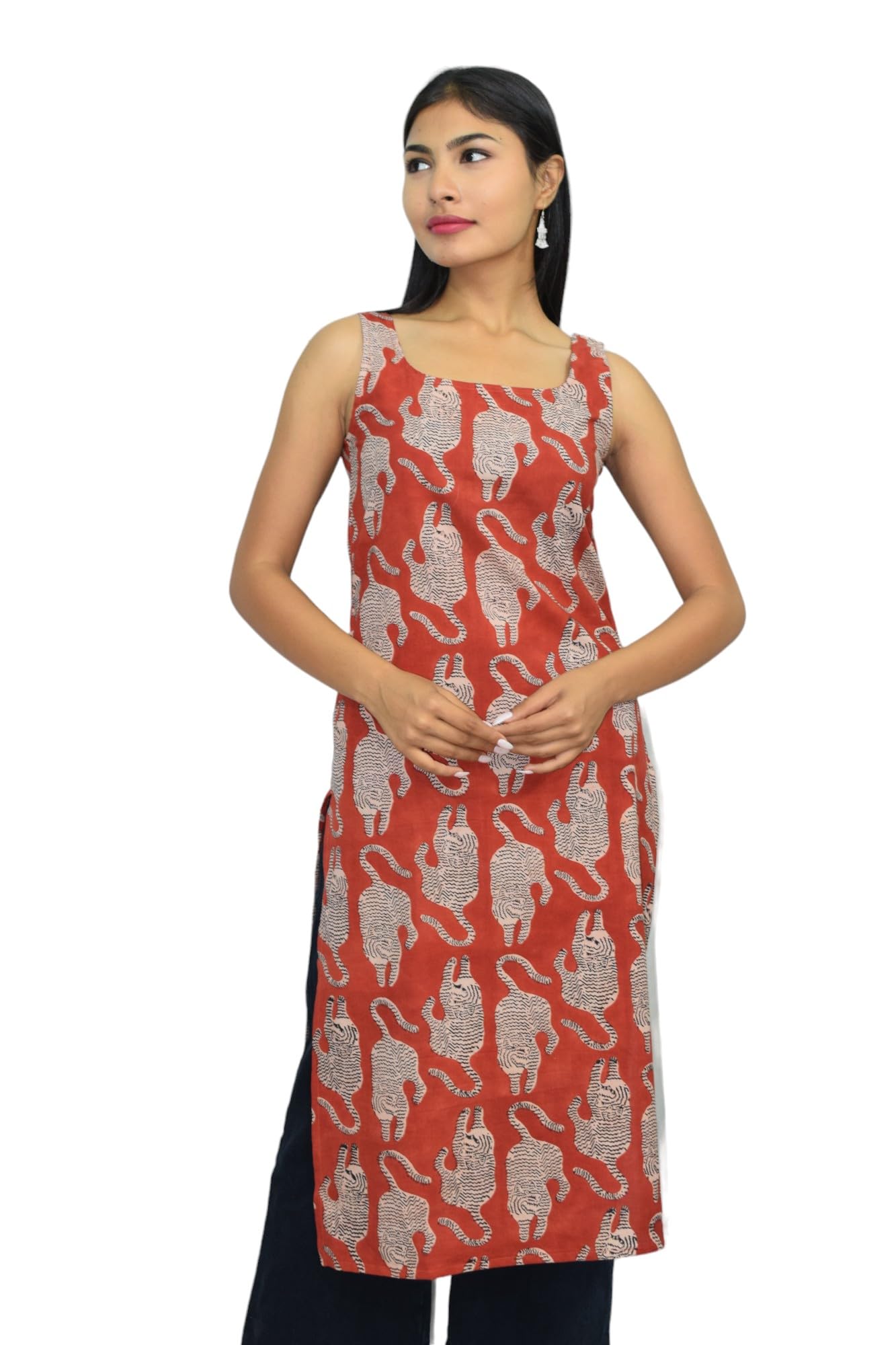 JAIPUR HAND BLOCKWomen’s Broad Neck Sleeve Less Long Jaipuri Kurta|Kurti SF0090