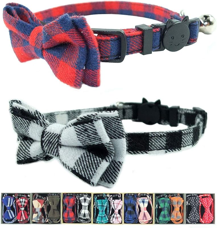 Coleira para Gatos com Fecho de Segurança, Guizo e Gravata-borboleta Xadrez Pipidog, Ajustável, Pacote com 2
